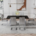 Modern Minimalist Dining Table. The Black Imitation Marble Glass Desktop Is Equipped With Silver Metal Legs. Suitable For Restaurants And Living Rooms 71 