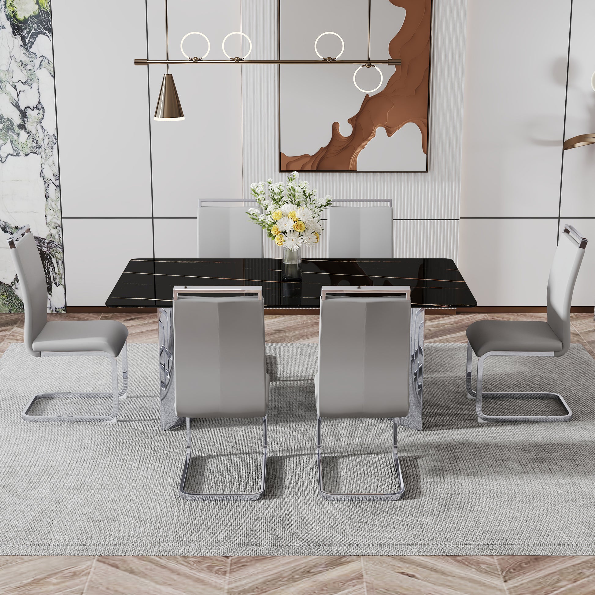 Modern Minimalist Dining Table. The Black Imitation Marble Glass Desktop Is Equipped With Silver Metal Legs. Suitable For Restaurants And Living Rooms 71 "* 39.3" * 29.5 "Dt 69 Black Glass