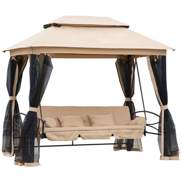 3 Seat Patio Swing Chair, Outdoor Gazebo Swing With Double Tier Canopy, Mesh Sidewalls, Cushioned Seat And Pillows, Beige Beige Steel