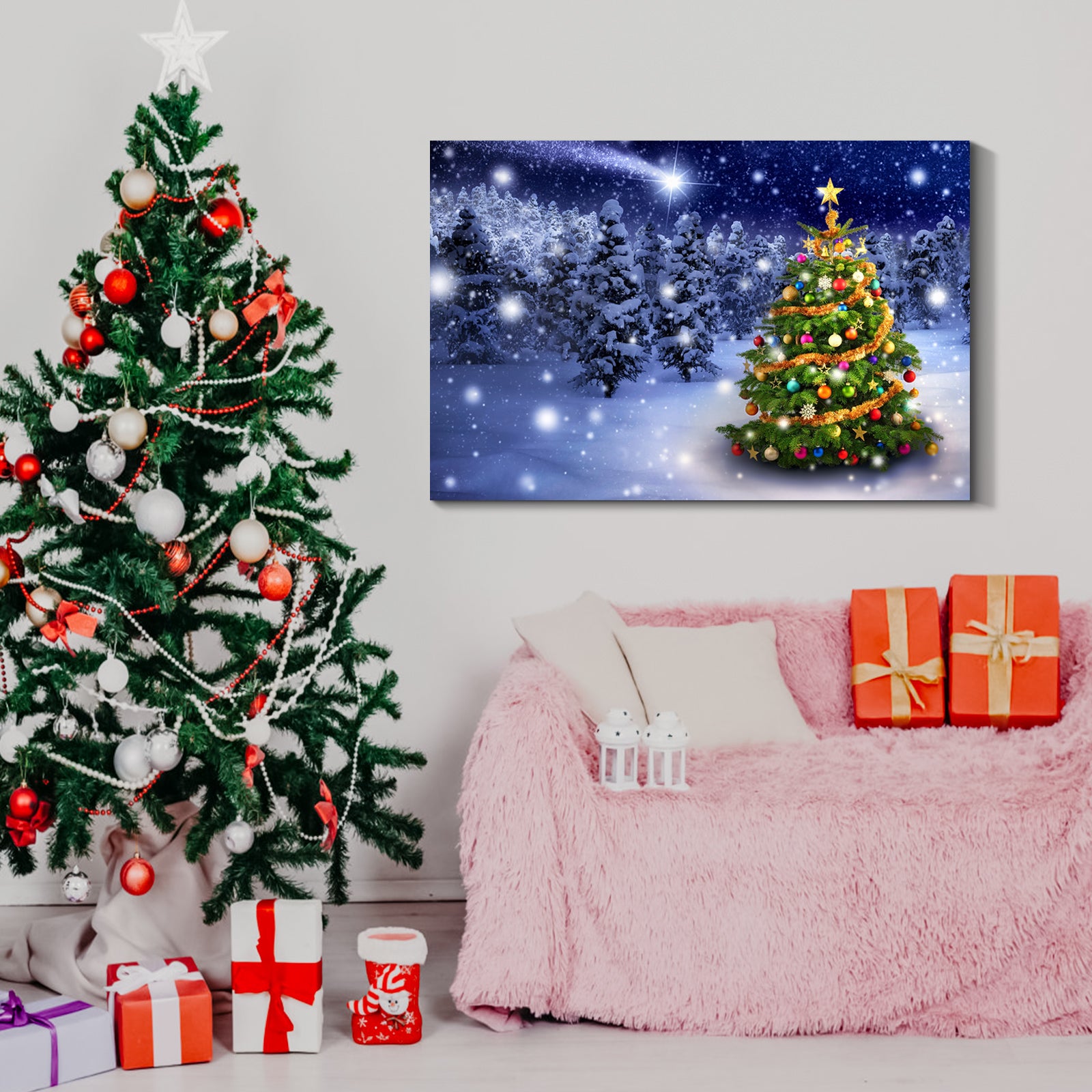 Framed Canvas Wall Art Decor Painting For Chrismas, Chrismas Tree In Forest Chrismas Gift Painting For Chrismas Gift, Decoration For Chrismas Eve Office Living Room, Bedroom Decor Ready To Han Rectangle Framed Multicolor Christmas Oversized 41In Canvas