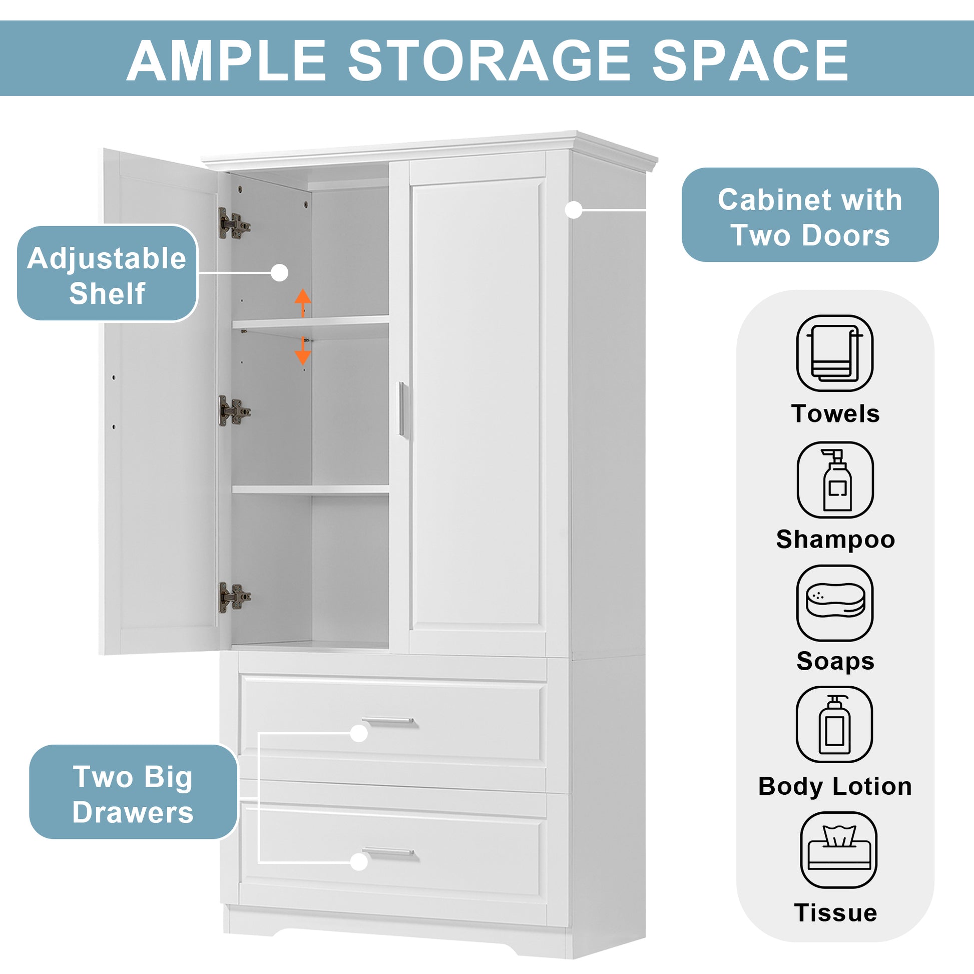 Tall Bathroom Storage Cabinet, Cabinet With Two Doors And Drawers, Adjustable Shelf, Mdf Board, White White Mdf