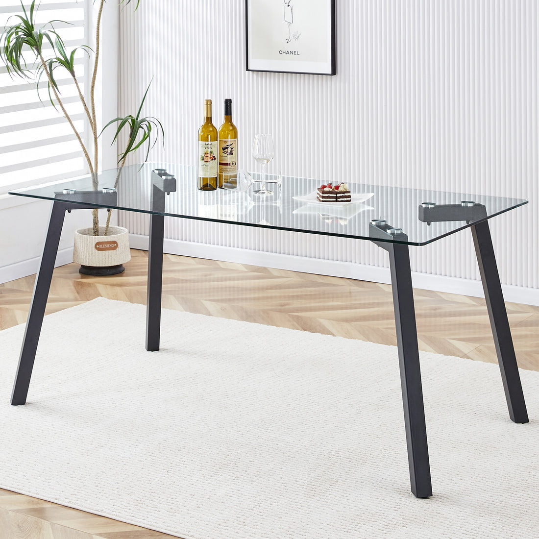 Modern Minimalist Rectangular Glass Dining Table With 0.31" Tempered Glass Tabletop And Black Coating Metal Legs, Writing Table Desk, For Kitchen Dining Living Room, 63" W X 35.4"D X 30" H 1123 Transparent Glass