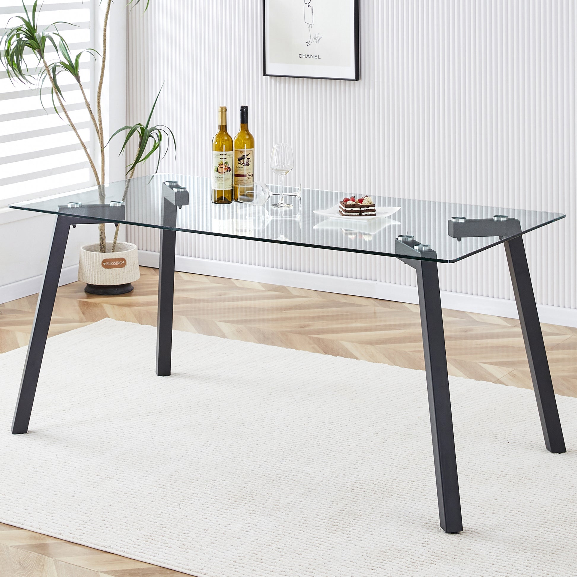 Modern Minimalist Rectangular Glass Dining Table With 0.31" Tempered Glass Tabletop And Black Coating Metal Legs, Writing Table Desk, For Kitchen Dining Living Room, 63" W X 35.4"D X 30" H 1123 Transparent Glass