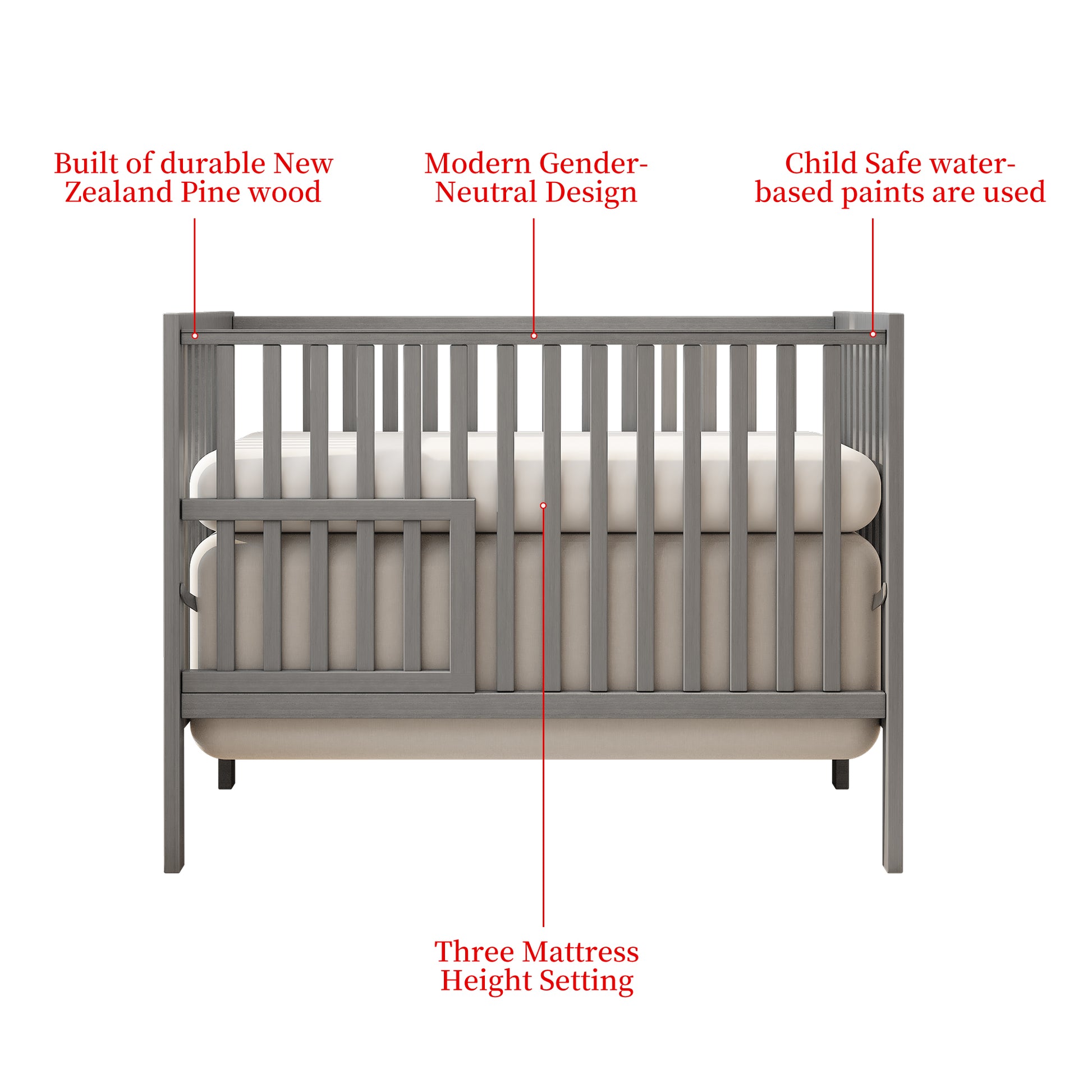 5 In 1 Convertible Crib, Converts From Baby Crib To Toddler Bed, Fits Standard Full Size Crib Mattress ,Easy To Assemble 53*29*9 Inches Storm Grey Steel Gray Classic Pine Wood