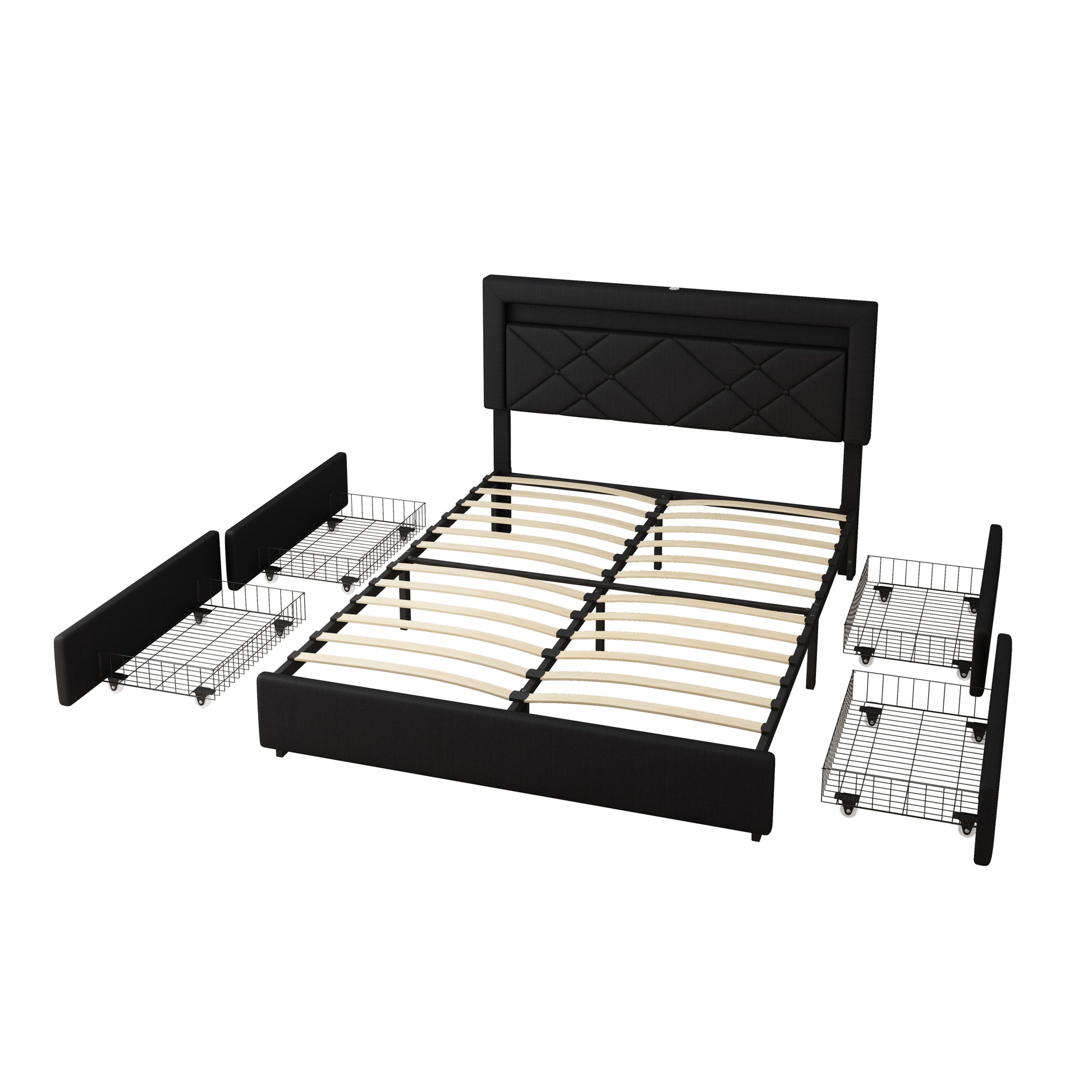 Queen Size Bed Frame With Led Lights, Usb Charging Station, Black Textured Paint Bed Frame, Four Bottom Drawers For Stable Storage And Assembly, Black Queen Black Iron Iron