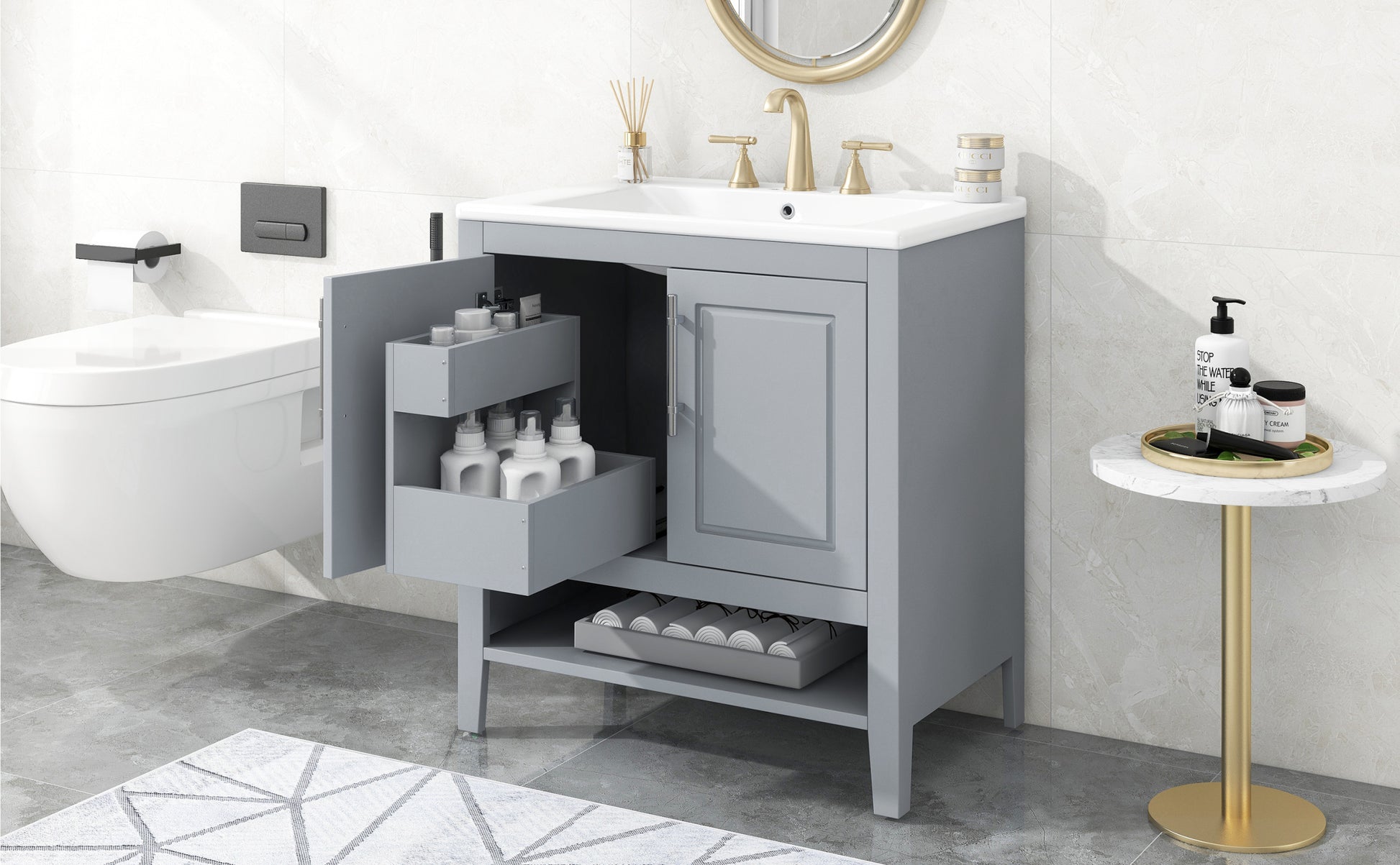 30" Bathroom Vanity With Sink, Multi Functional Bathroom Cabinet With Doors And Drawers, Solid Frame And Mdf Board, Grey Grey Solid Wood Mdf