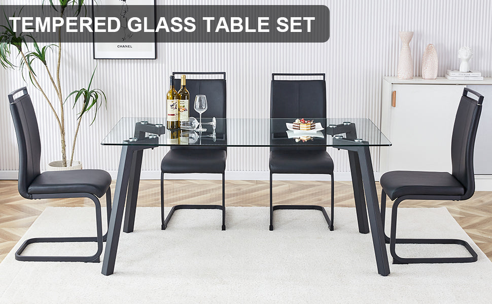 Table And Chair Set, 1 Table And 4 Chairs. Rectangular Glass Dining Table, 0.31 "Tempered Glass Tabletop And Black Coated Metal Legs. Paired With Black Pu Chairs. 1123 1162 Transparent Glass