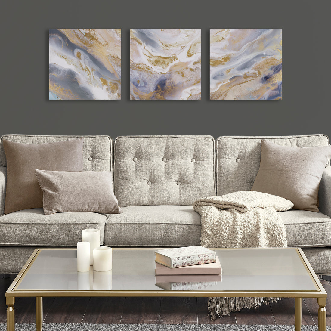 Glitter And Gold Foil Abstract Triptych 3 Piece Canvas Wall Art Set Multi Wood