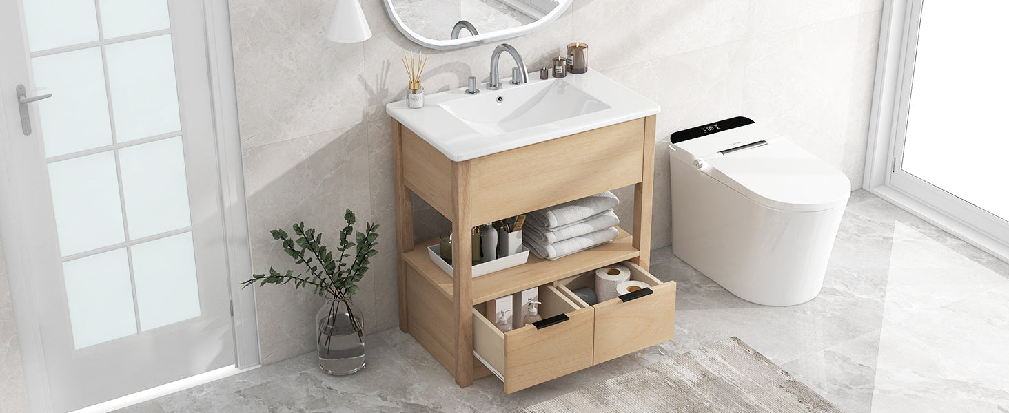 30" Bathroom Vanity With Sink Top, Bathroom Cabinet With Open Storage Shelf And Two Drawers, One Package, Natural Old Sku:Wf311619Aad Natural Solid Wood Mdf