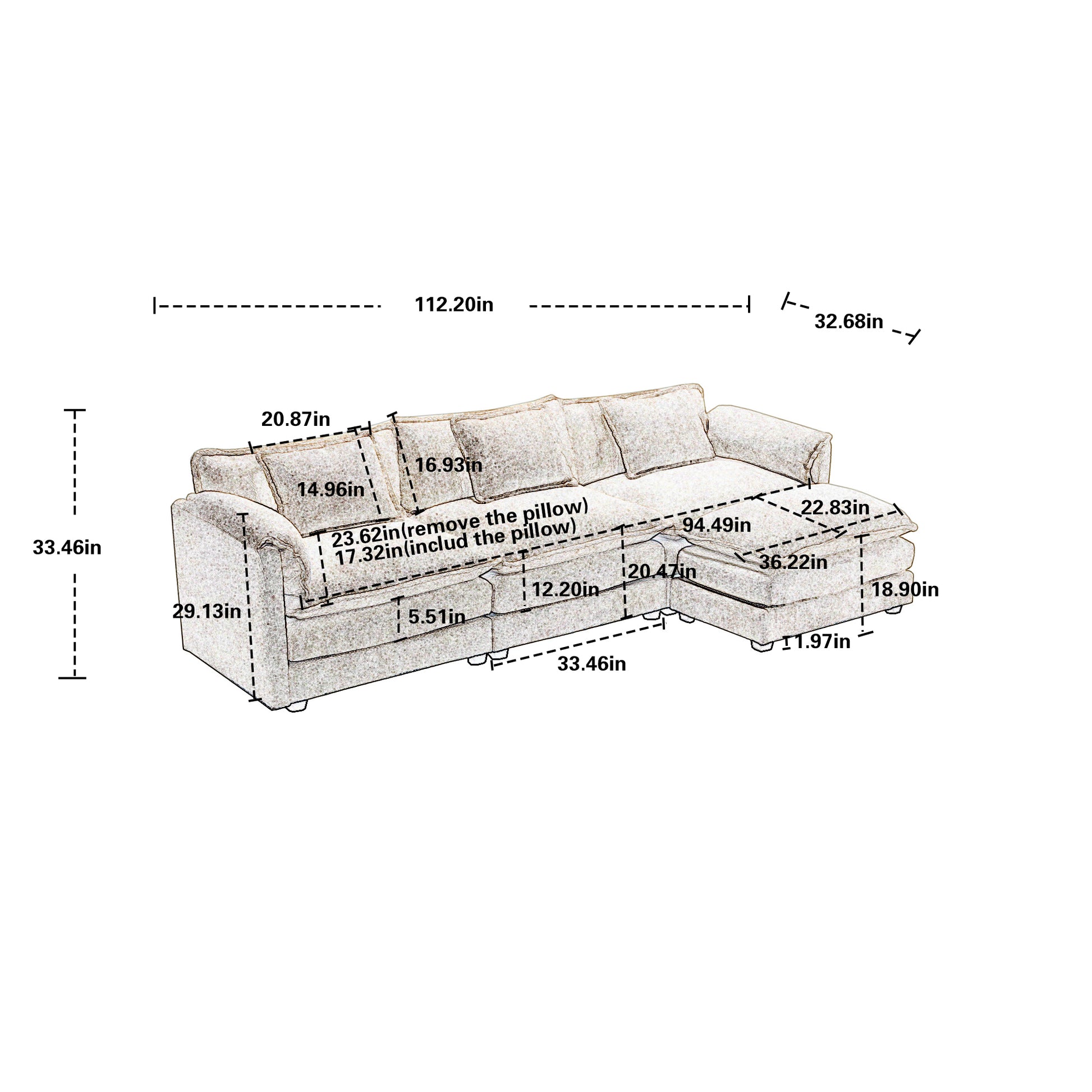 Modern Large Boucle Fabric L Shape Sectional Sofa Beige Boucle