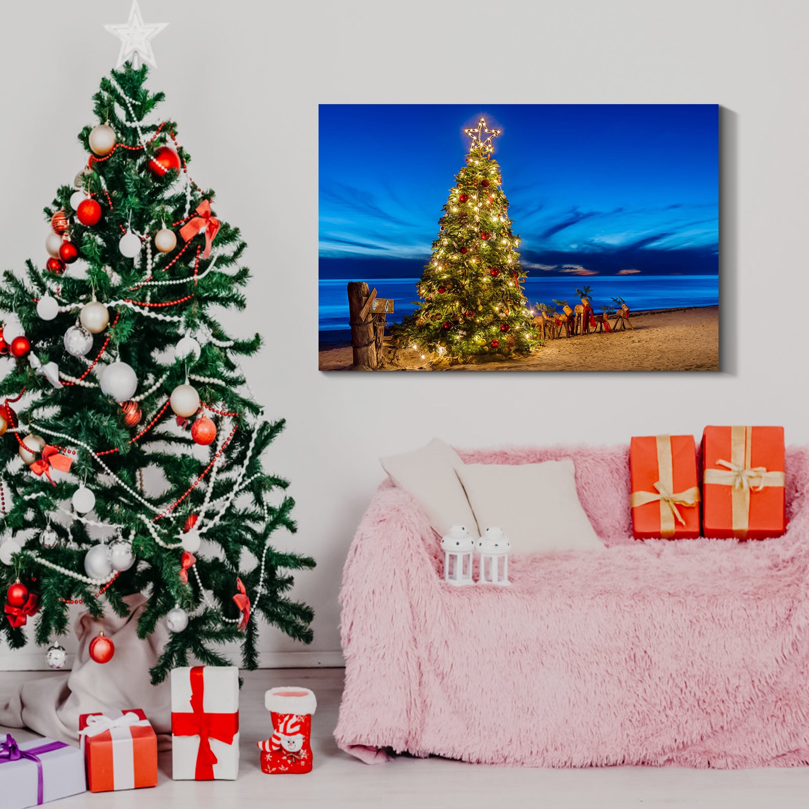 Framed Canvas Wall Art Decor Painting For Chrismas, Chrismas Tree On Seaside Chrismas Gift Painting For Chrismas Gift, Decoration For Chrismas Eve Office Living Room, Bedroom Decor Ready To Han Rectangle Framed Multicolor Christmas Oversized 41In Canvas