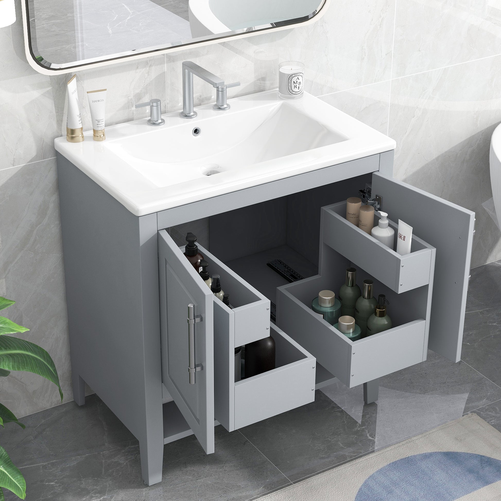 30" Bathroom Vanity With Sink, Multi Functional Bathroom Cabinet With Doors And Drawers, Solid Frame And Mdf Board, Grey Grey Solid Wood Mdf