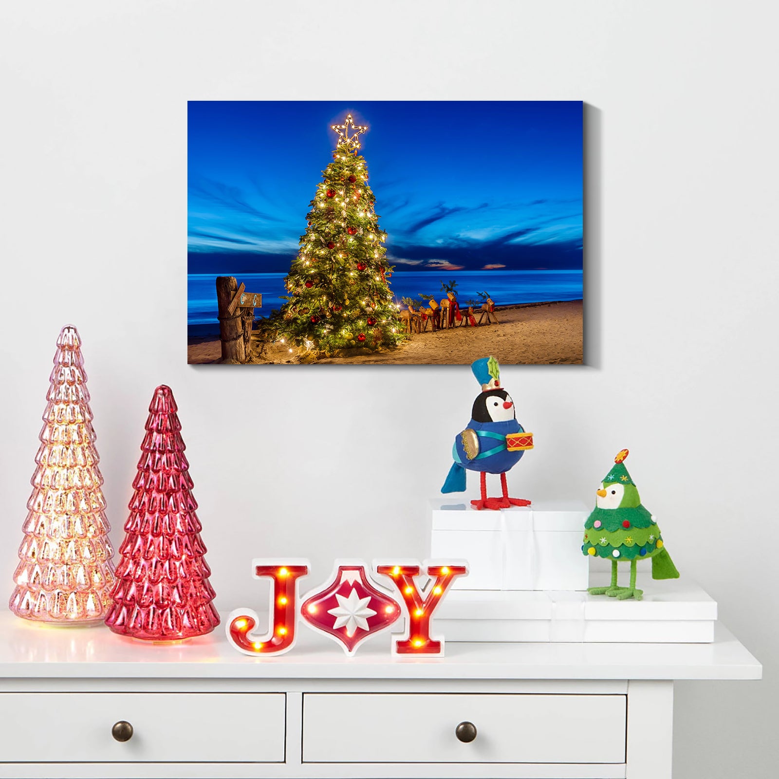 Framed Canvas Wall Art Decor Painting For Chrismas, Chrismas Tree On Seaside Chrismas Gift Painting For Chrismas Gift, Decoration For Chrismas Eve Office Living Room, Bedroom Decor Ready To Han Rectangle Framed Multicolor Christmas Oversized 41In Canvas