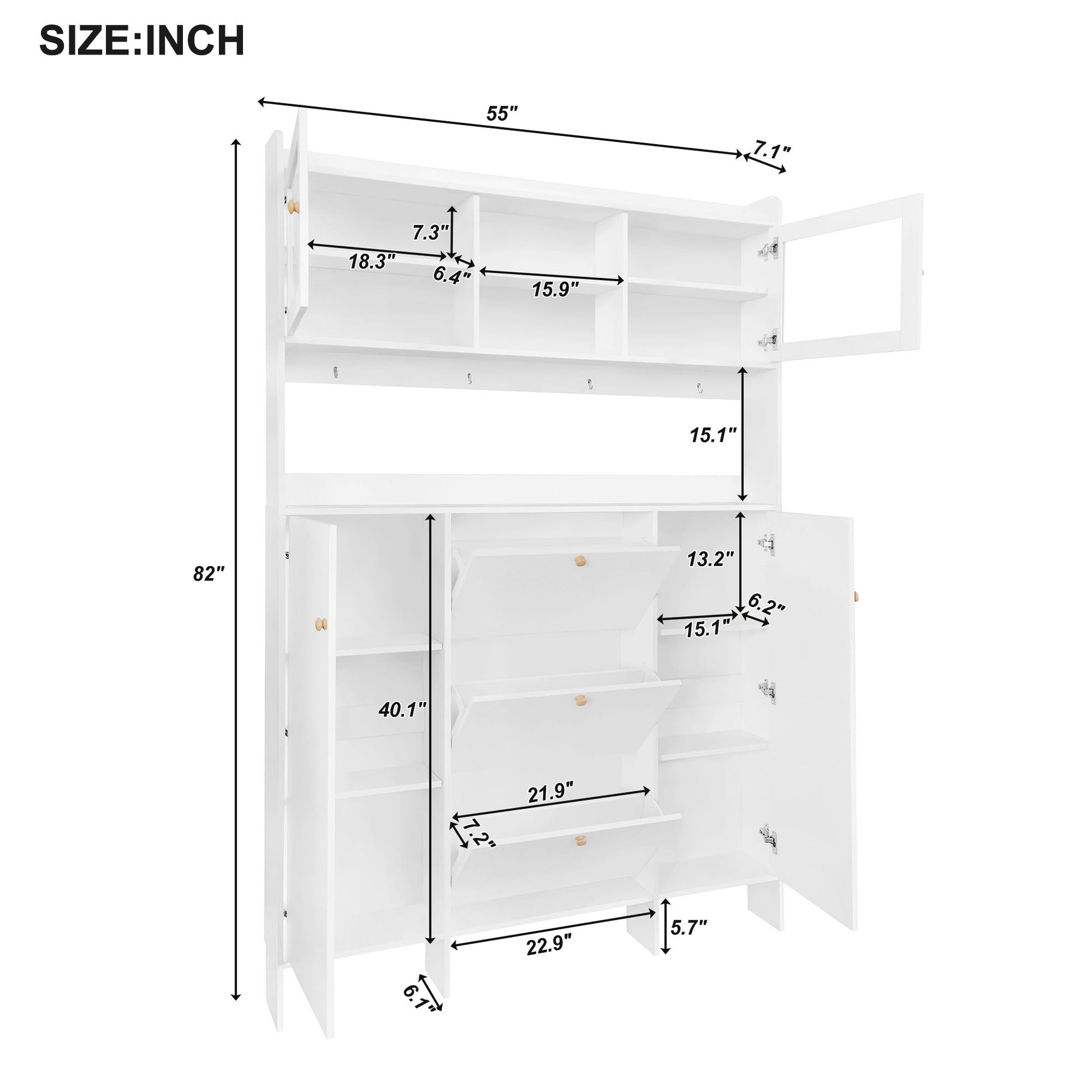 Contemporary Shoe Cabinet With Open Storage Platform, Tempered Glass Hall Tree With 3 Flip Drawers, Versatile Tall Cabinet With 4 Hanging Hooks For Hallway, White 3 4 Drawers White Primary Living Space Adjustable Shelves Particle Board