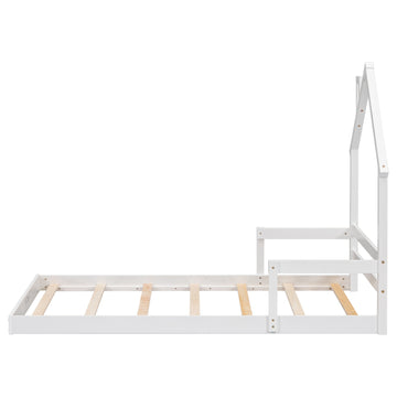 Twin House Shaped Headboard Floor Bed With Handrails ,Slats,White Twin White Wood Bedroom American Design Pine Bed Frame Pine