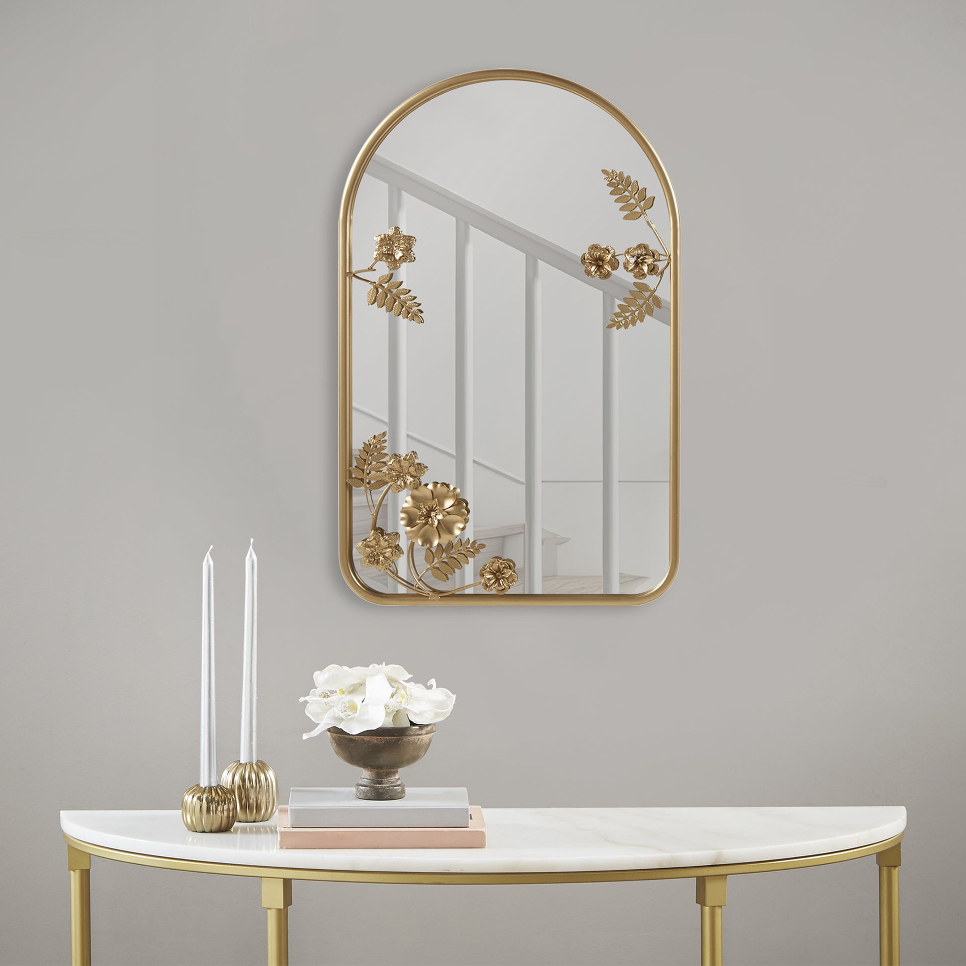 Arched Metal Floral Wall Mirror Gold Mdf