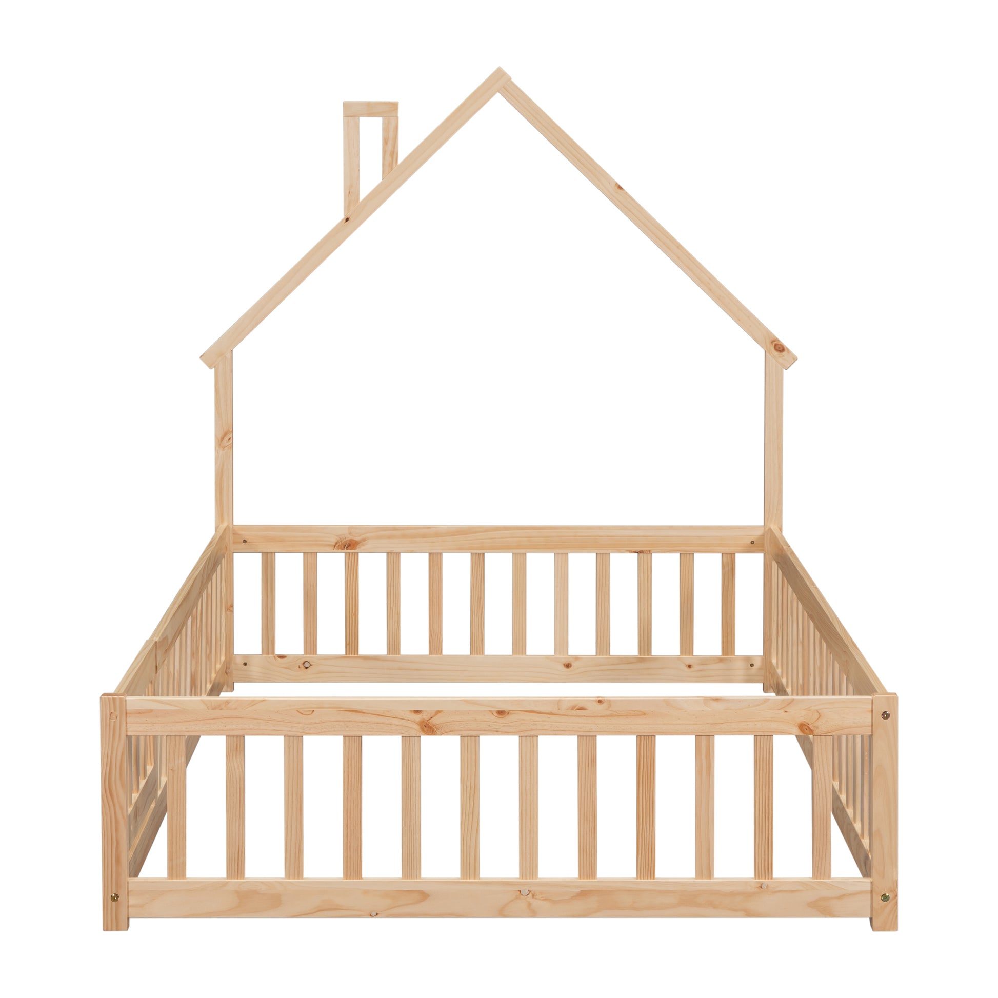 Full House Shaped Headboard Floor Bed With Fence,Natural Full Natural Wood Bedroom American Design Pine Bed Frame Pine