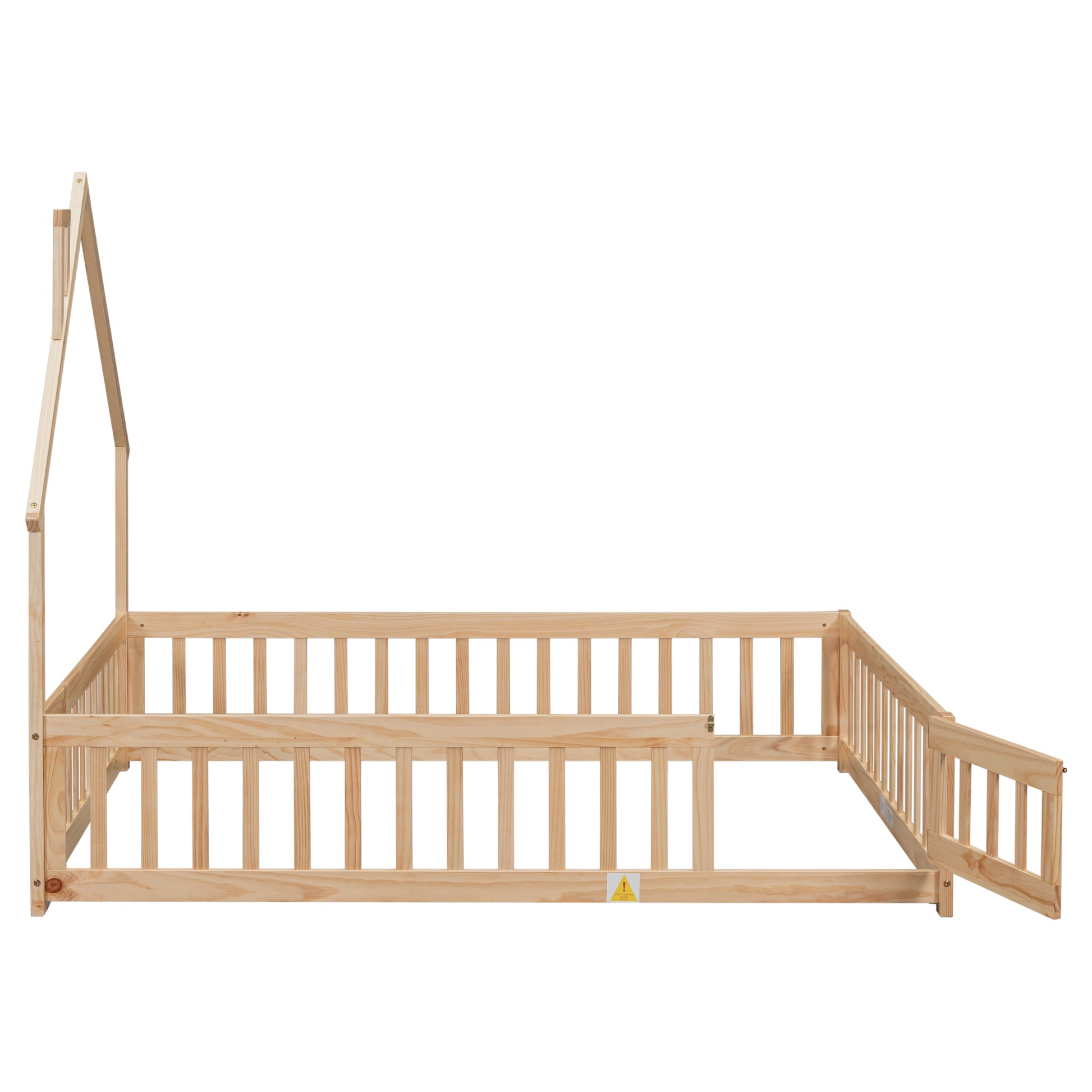 Full House Shaped Headboard Floor Bed With Fence,Natural Full Natural Wood Bedroom American Design Pine Bed Frame Pine