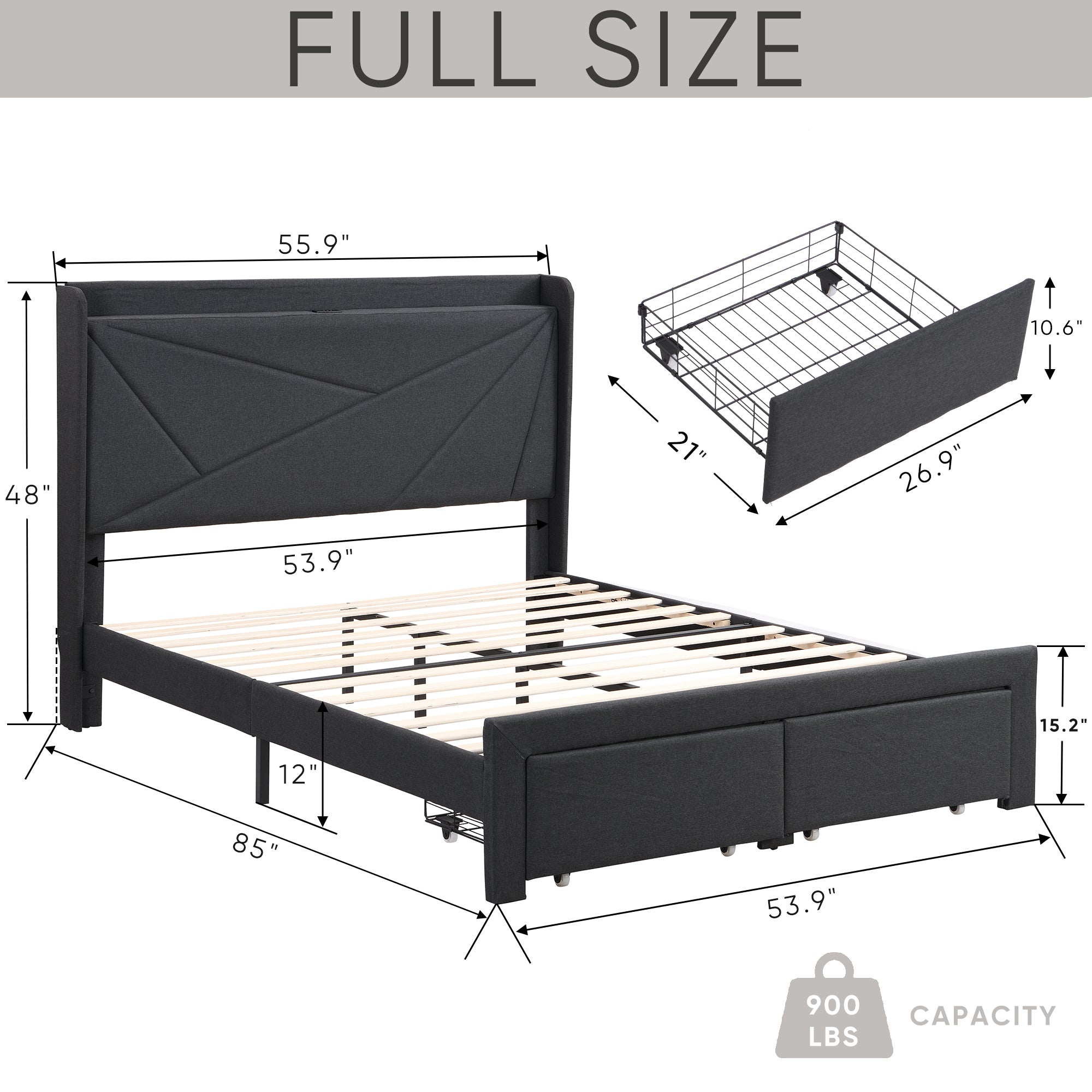 Full Size Bed Frame with 2 Storage Drawers box spring not