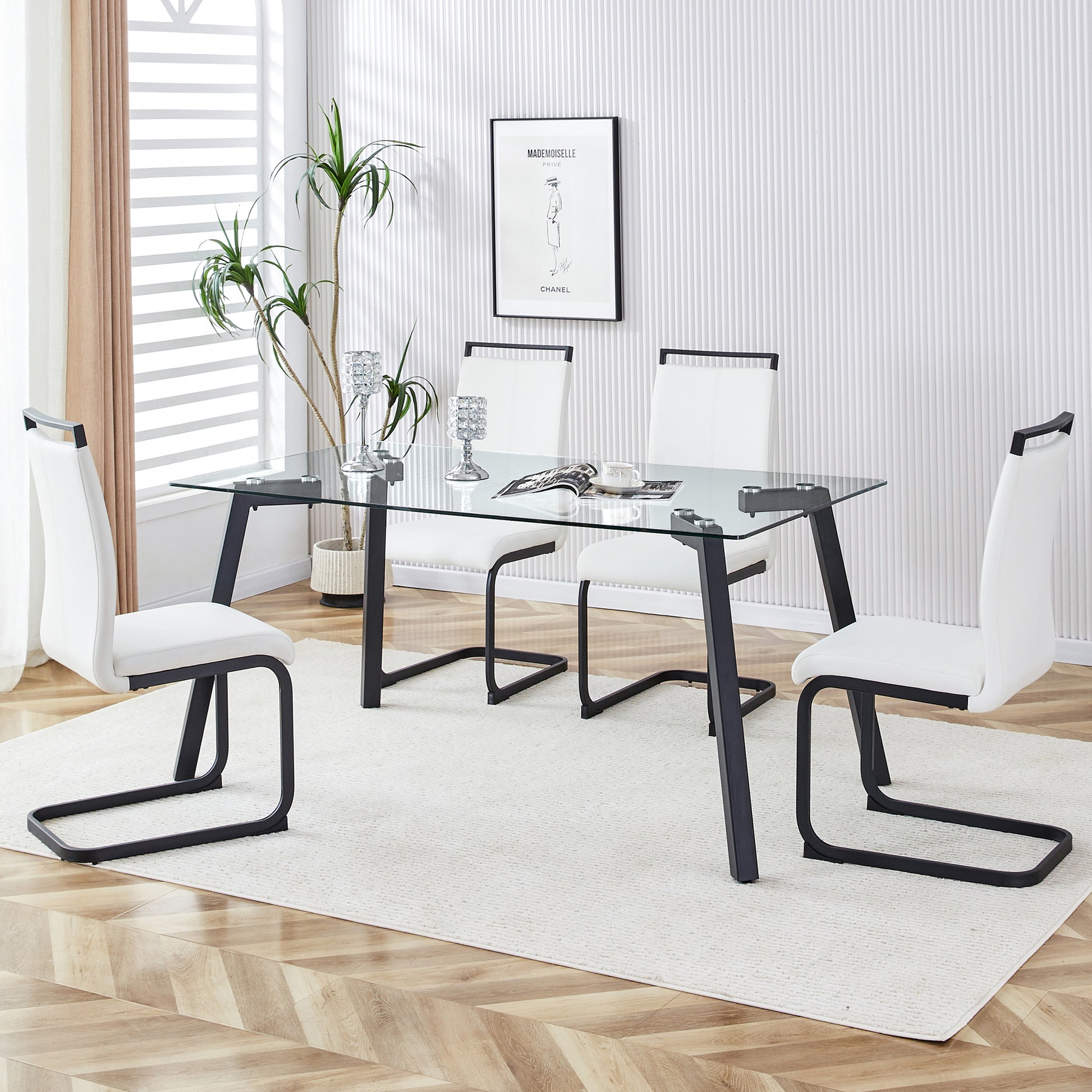 Table And Chair Set, 1 Table And 4 Chairs. Rectangular Glass Dining Table, 0.31 "Tempered Glass Tabletop And Black Coated Metal Legs. Paired With White Pu Black Leg Chairs. 1123 1162 Transparent Glass