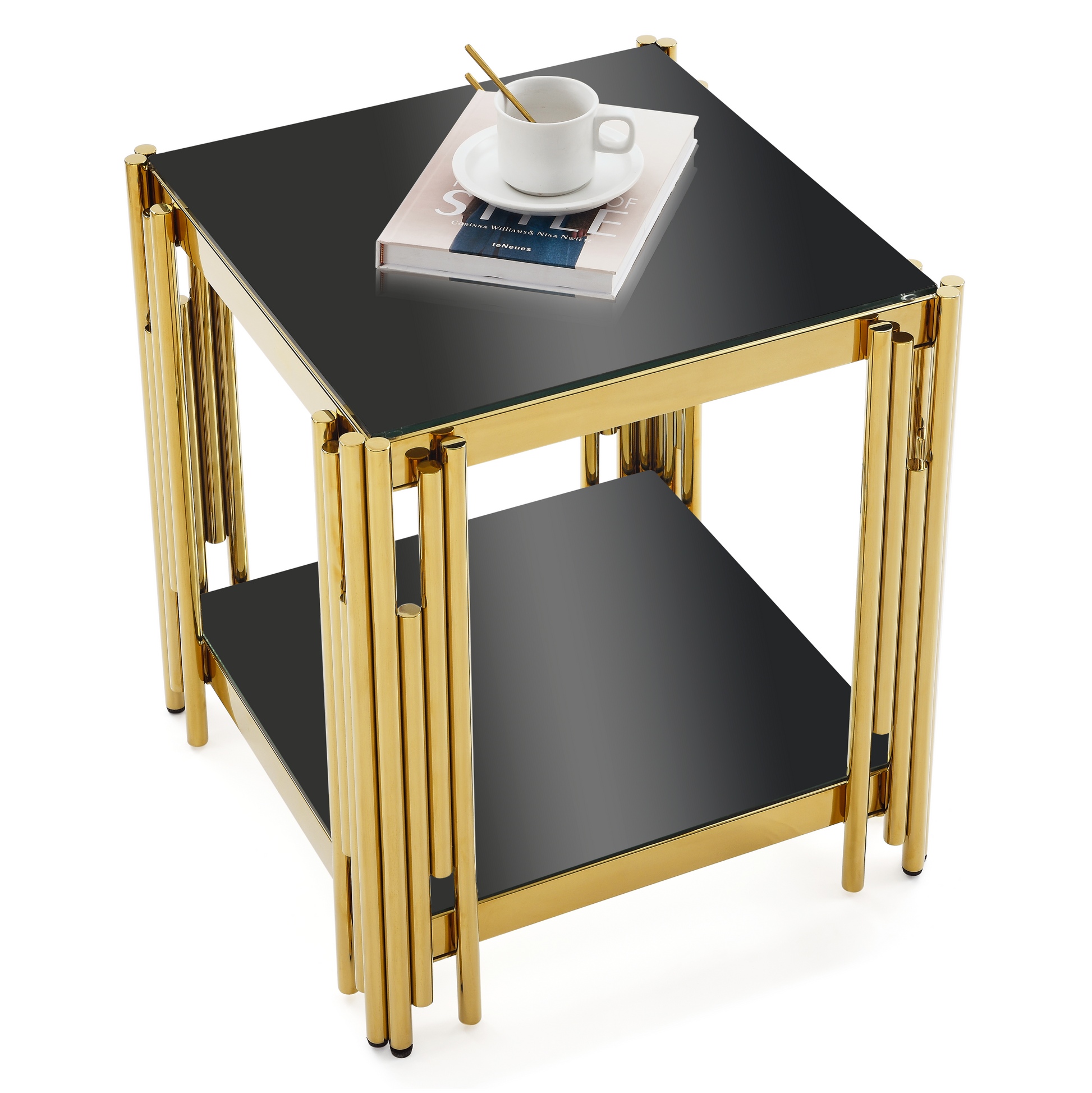 20" Wide Square End Table With Black Glass Top, Golden Stainless Steel Tempered Glass End Table For Living Room&Bed Room Polished Golden Stainless Steel