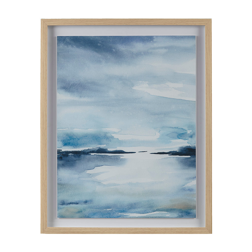 Framed Glass And Single Matted Abstract Landscape Coastal Wall Art Blue Polyester