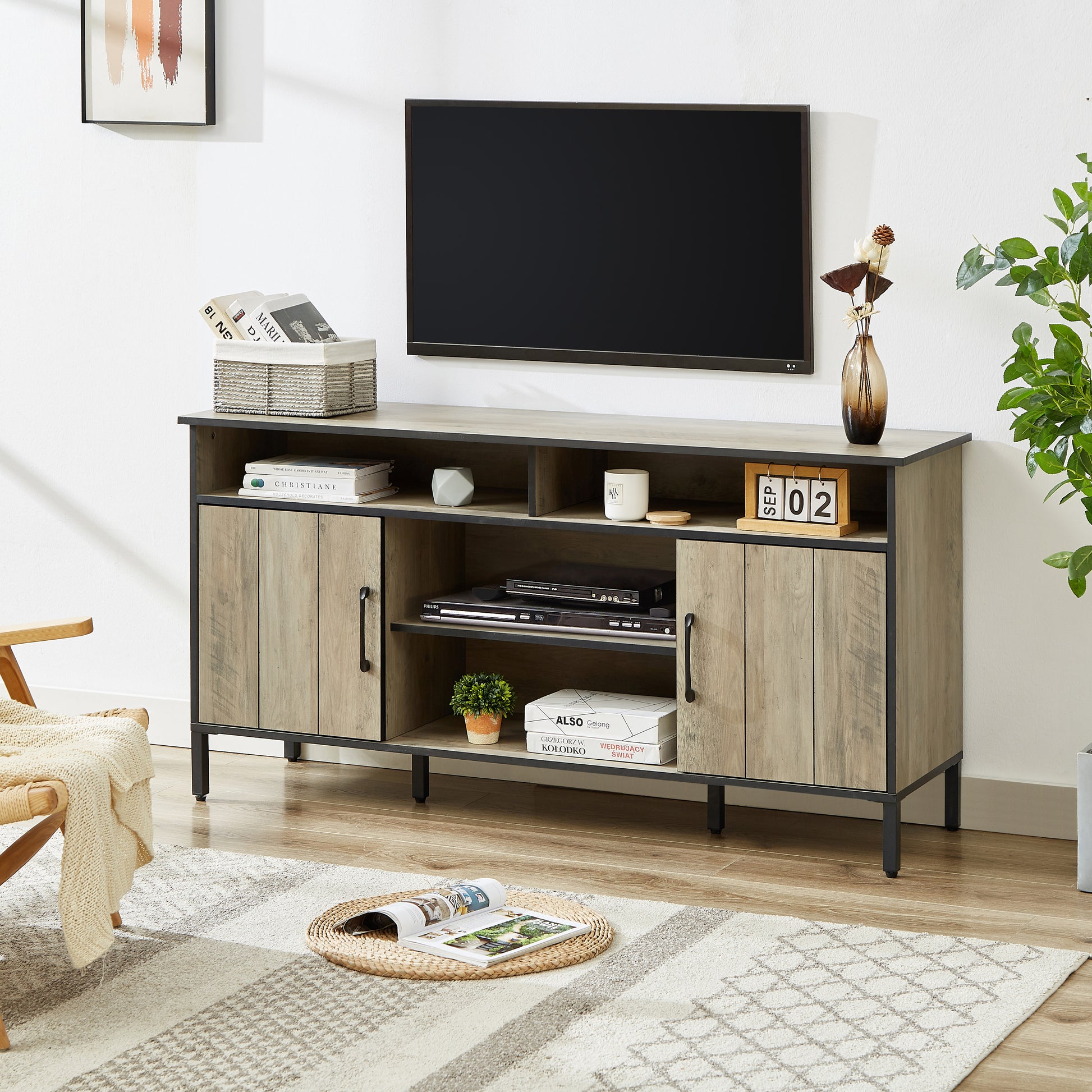 58 Inch Tv Stand And Media Entertainment Center Console With Up To 65 Inch Tv, Open Shelving And Two Storage Cabinets, Six Support Legs With Adjustable Feet,Rustic, Gray,58" X 15.7" X 29.7" Grey Particle Board