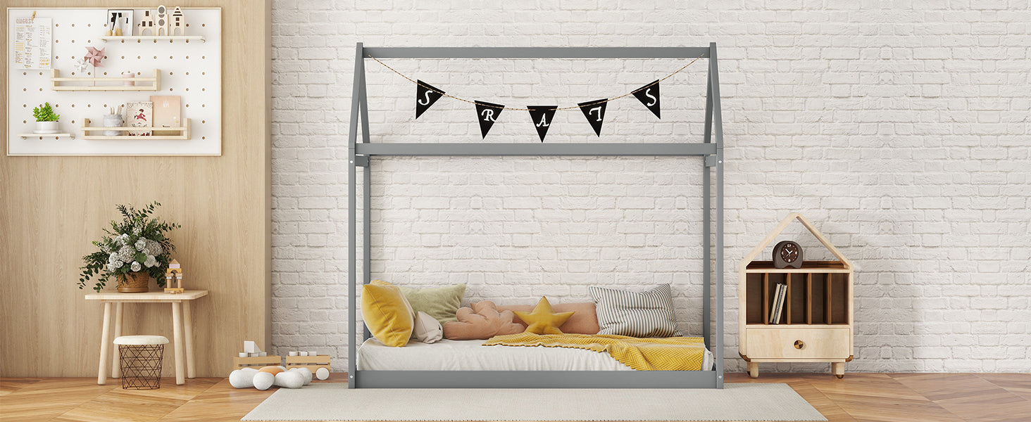 Twin Size Wooden House Bed, Gray Gray Pine