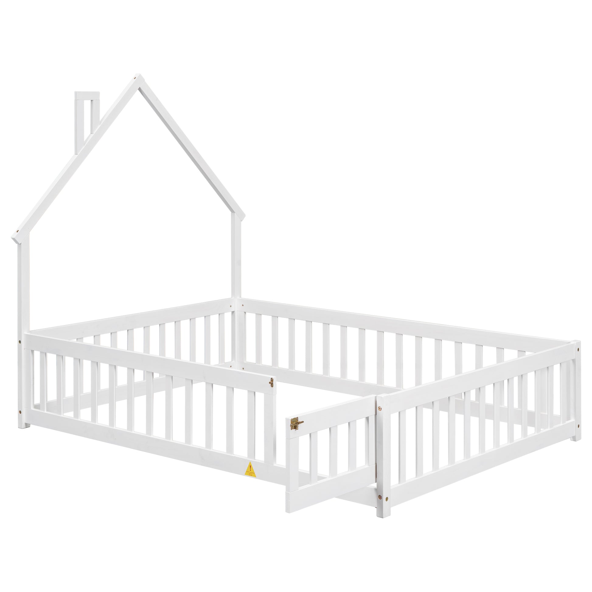 Full House Shaped Headboard Floor Bed With Fence ,White Full White Wood Bedroom American Design Pine Bed Frame Pine