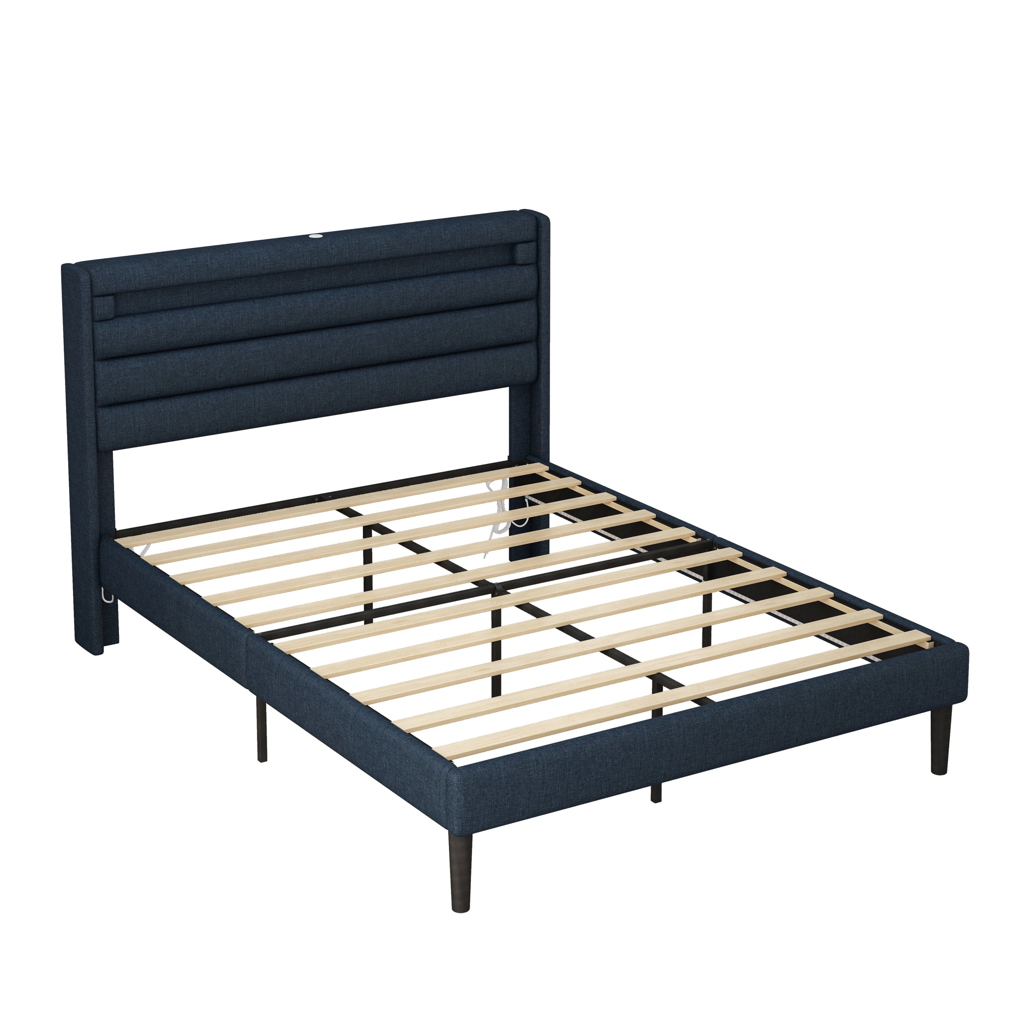 Queen Size Bedframe with LED Bedside Induction Light black+blue-iron-iron