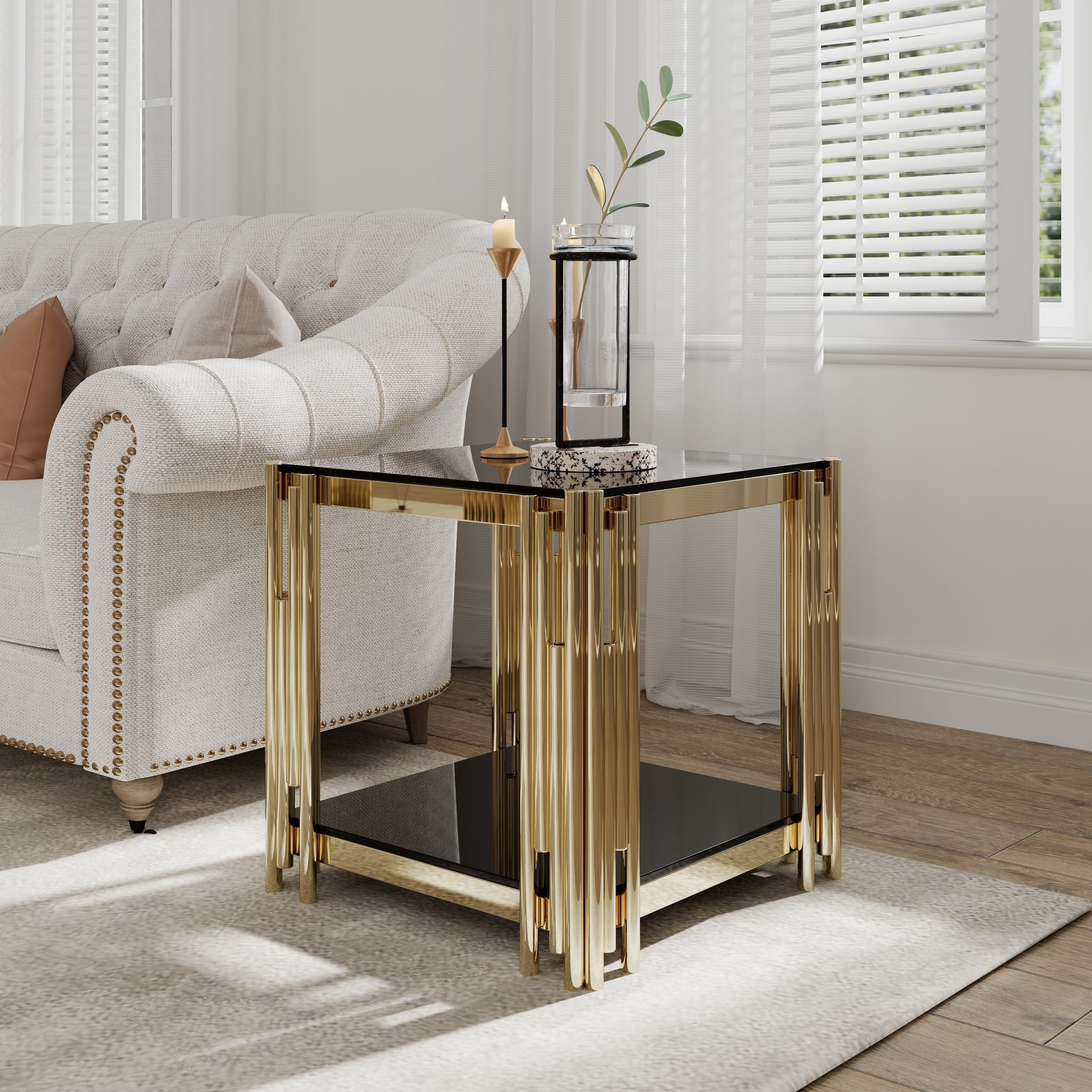 20" Wide Square End Table With Black Glass Top, Golden Stainless Steel Tempered Glass End Table For Living Room&Bed Room Polished Golden Stainless Steel