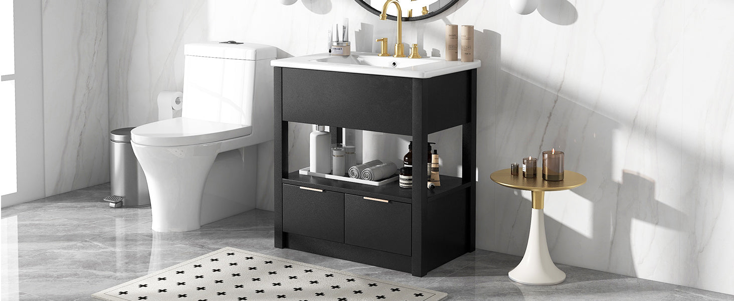 30" Bathroom Vanity With Sink Top, Bathroom Cabinet With Open Storage Shelf And Two Drawers, One Package, Black Old Sku:Wf311619Aap Black Solid Wood Mdf