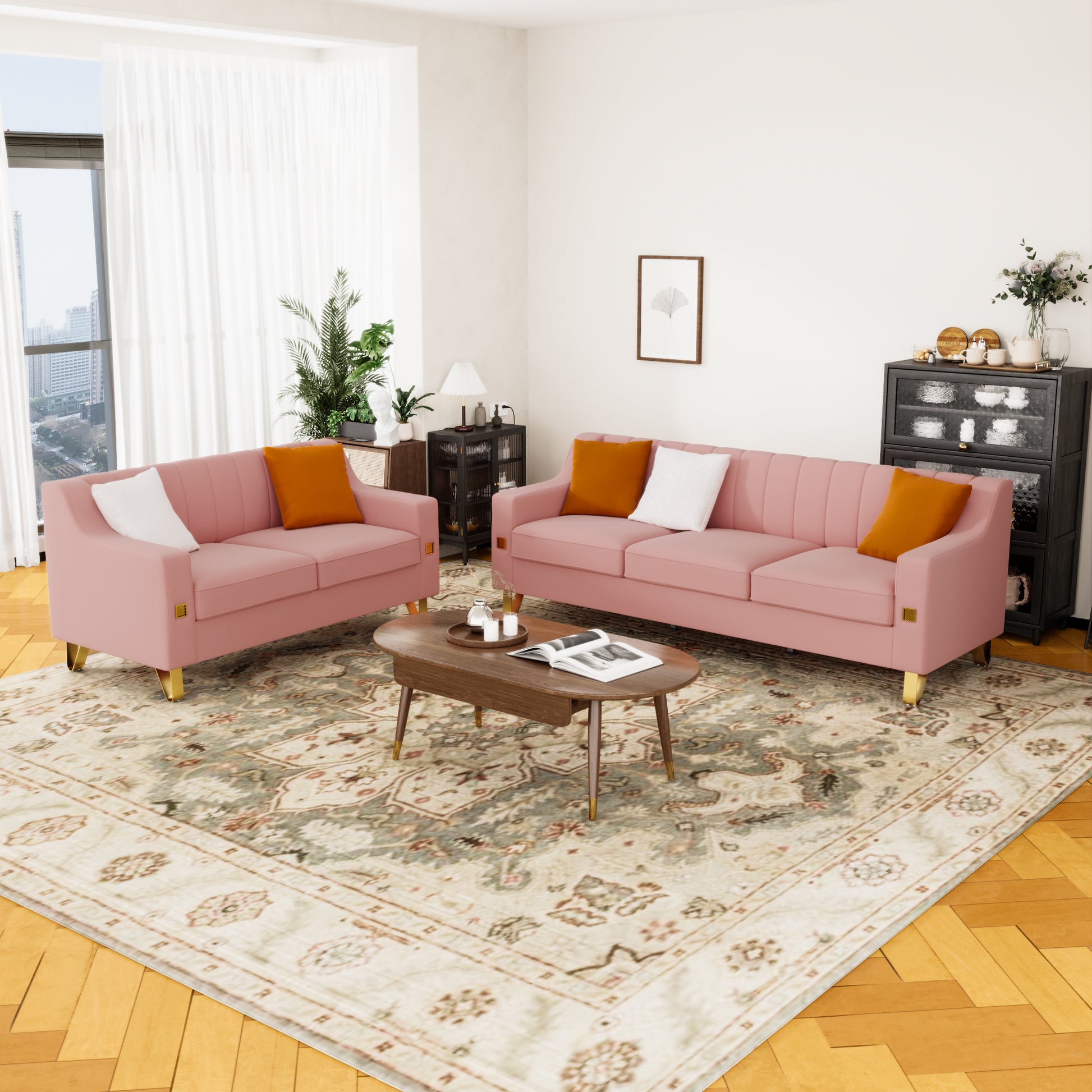 Living Room Sofa 2 Piecesseat And Sofa Set With Pink Velvet Pink Velvet 3 Seat