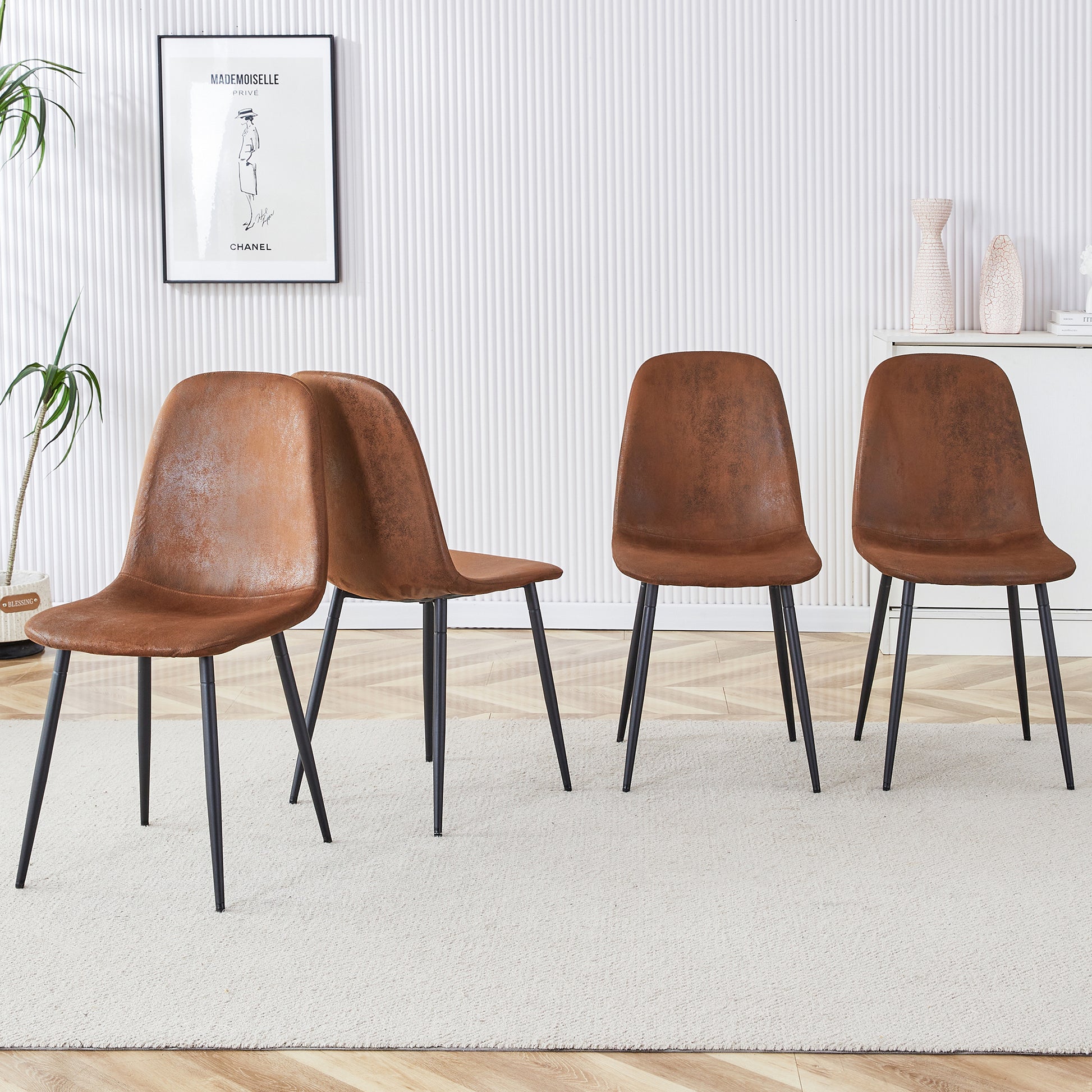 A Set Of 6 Modern Medieval Style Restaurant Cushioned Armchairs, Equipped With Soft Suede Cushions And Black Metal Legs, Suitable For Kitchens, Lounges, And Farmhouses. B0501A Brown Metal