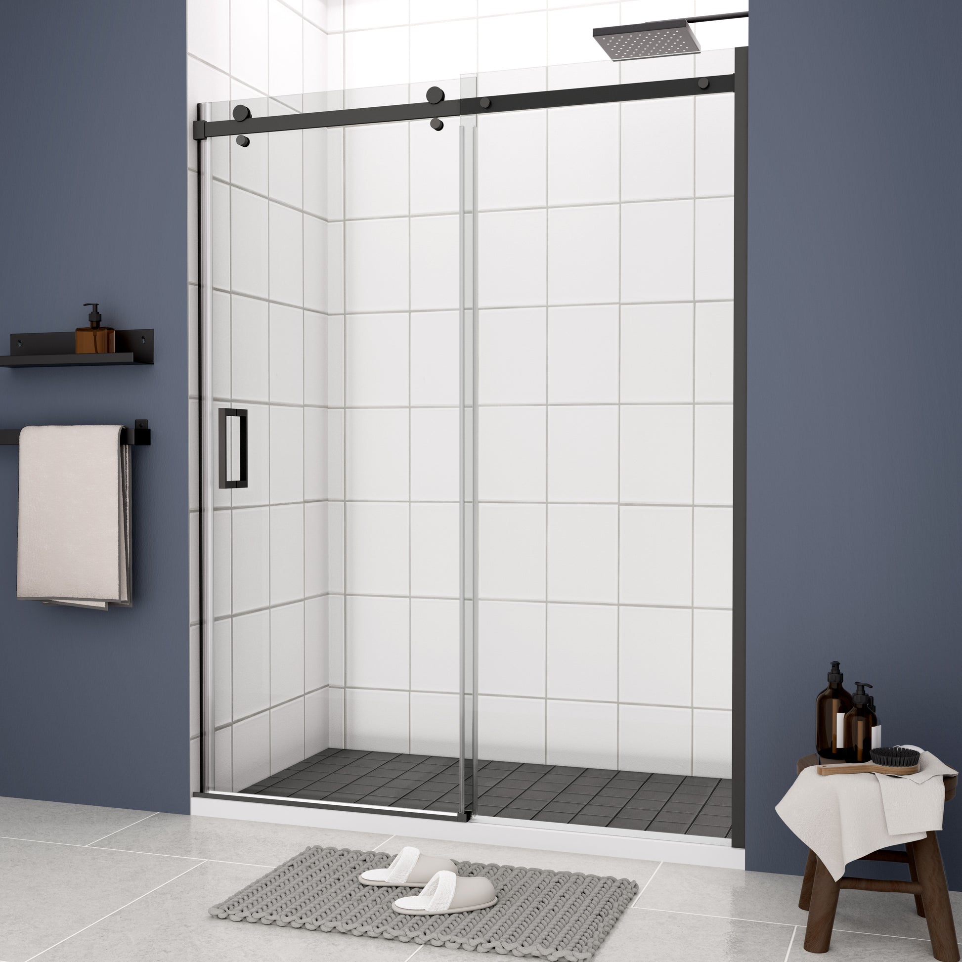 Glass Shower Door, Sliding Door, With 5 16" Tempered Glass And Matted Black Finish 4874 Matte Black Bathroom Aluminium Alloy