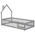 Twin House Shaped Headboard Floor Bed With Fence,Grey Twin Grey Wood Bedroom American Design Pine Bed Frame Pine
