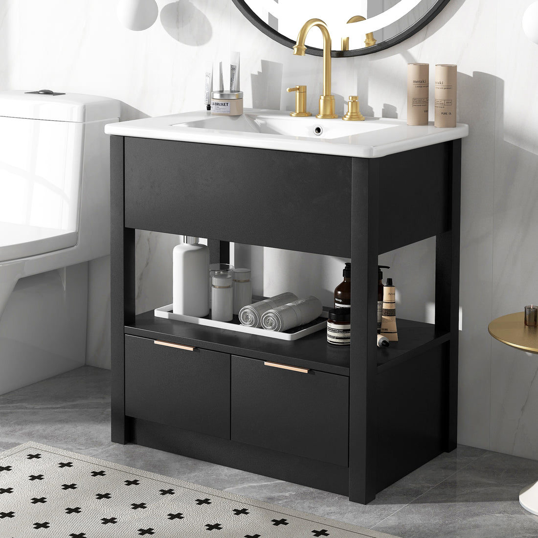 30" Bathroom Vanity With Sink Top, Bathroom Cabinet With Open Storage Shelf And Two Drawers, One Package, Black Old Sku:Wf311619Aap Black Solid Wood Mdf