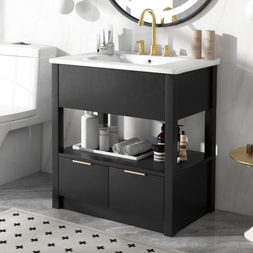 30" Bathroom Vanity With Sink Top, Bathroom Cabinet With Open Storage Shelf And Two Drawers, One Package, Black Old Sku:Wf311619Aap Black Solid Wood Mdf
