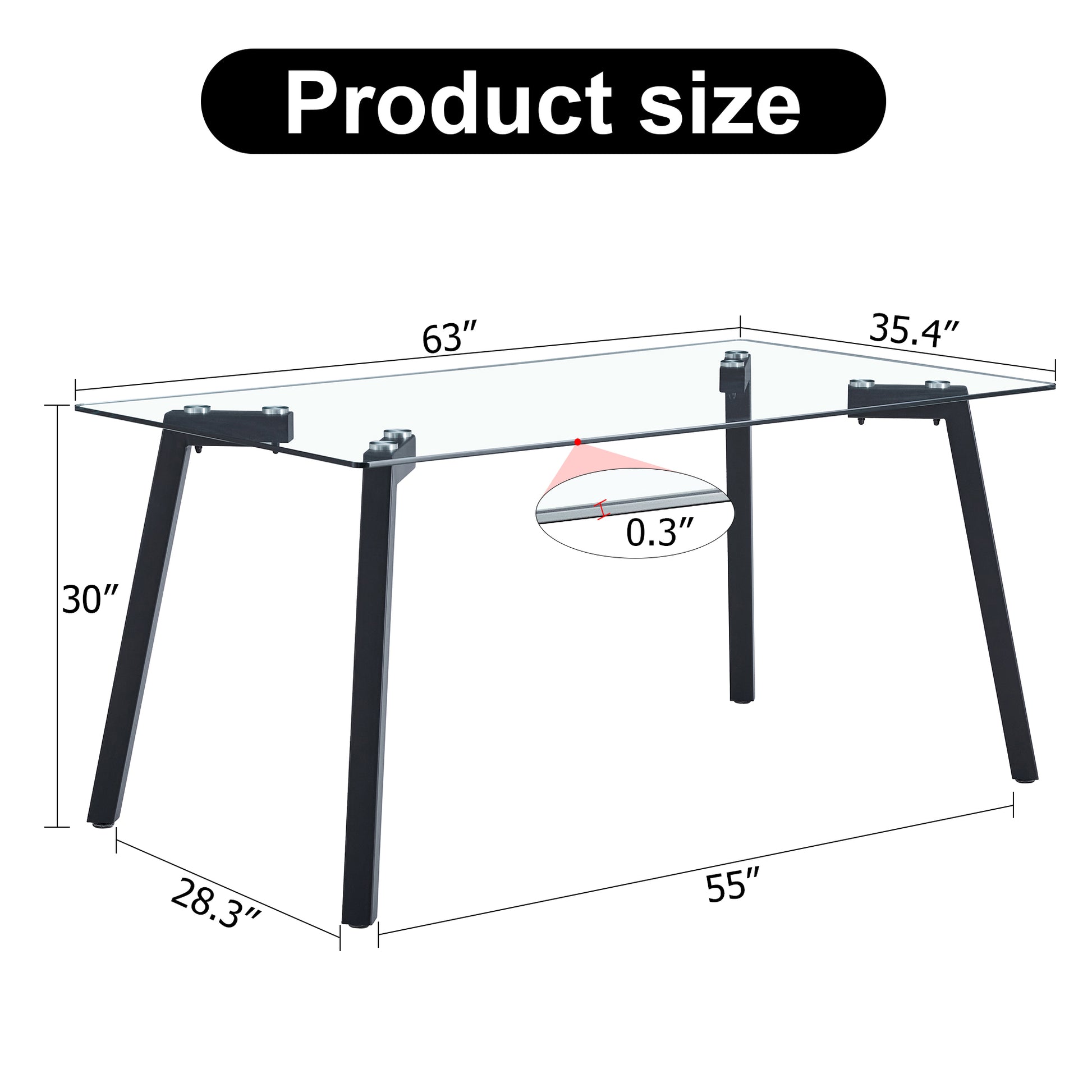 Modern Minimalist Rectangular Glass Dining Table With 0.31" Tempered Glass Tabletop And Black Coating Metal Legs, Writing Table Desk, For Kitchen Dining Living Room, 63" W X 35.4"D X 30" H 1123 Transparent Glass