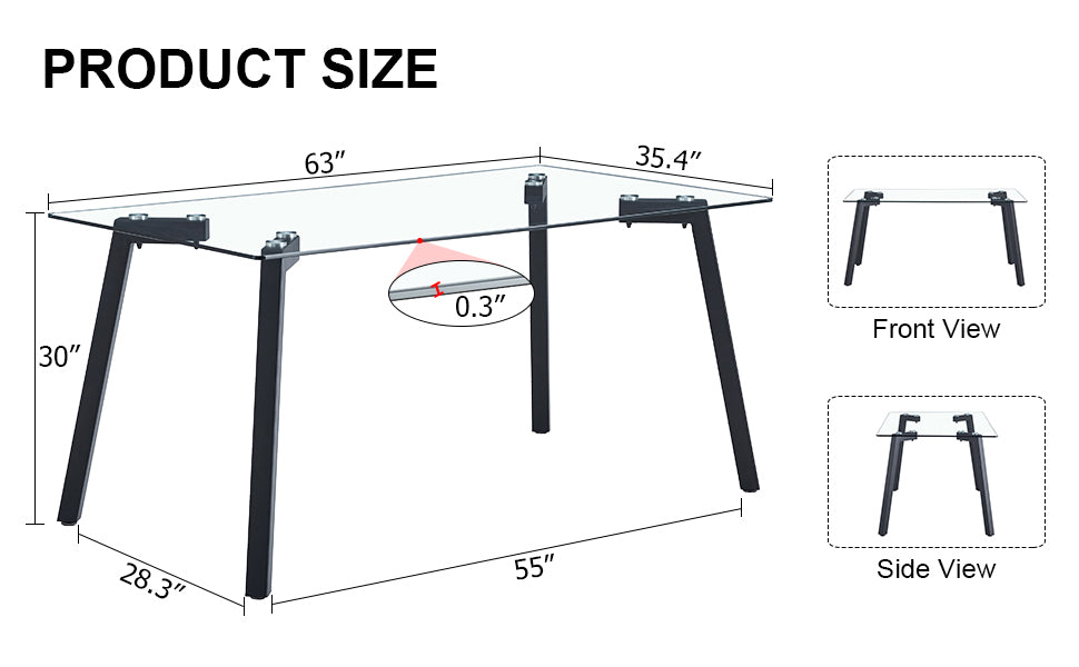 Modern Minimalist Rectangular Glass Dining Table With 0.31" Tempered Glass Tabletop And Black Coating Metal Legs, Writing Table Desk, For Kitchen Dining Living Room, 63" W X 35.4"D X 30" H 1123 Transparent Glass