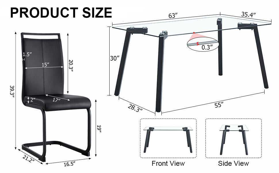 Table And Chair Set, 1 Table And 4 Chairs. Rectangular Glass Dining Table, 0.31 "Tempered Glass Tabletop And Black Coated Metal Legs. Paired With Black Pu Chairs. 1123 1162 Transparent Glass