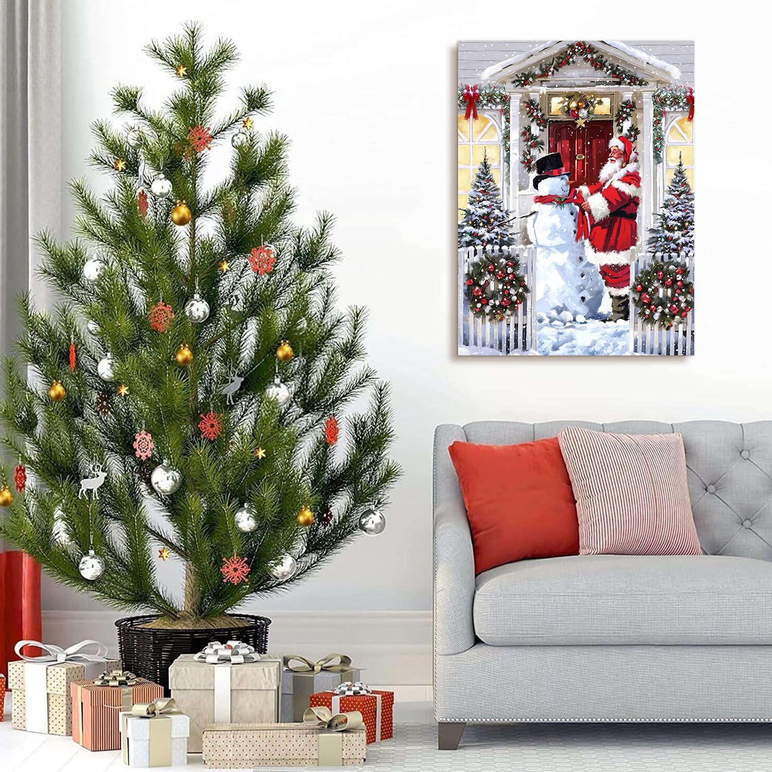 Framed Canvas Wall Art Decor Painting For Chrismas, Santa Claus With Snowman Painting For Chrismas Gift, Decoration For Chrismas Eve Office Living Room, Bedroom Decor Ready To Hang Rectangle Framed