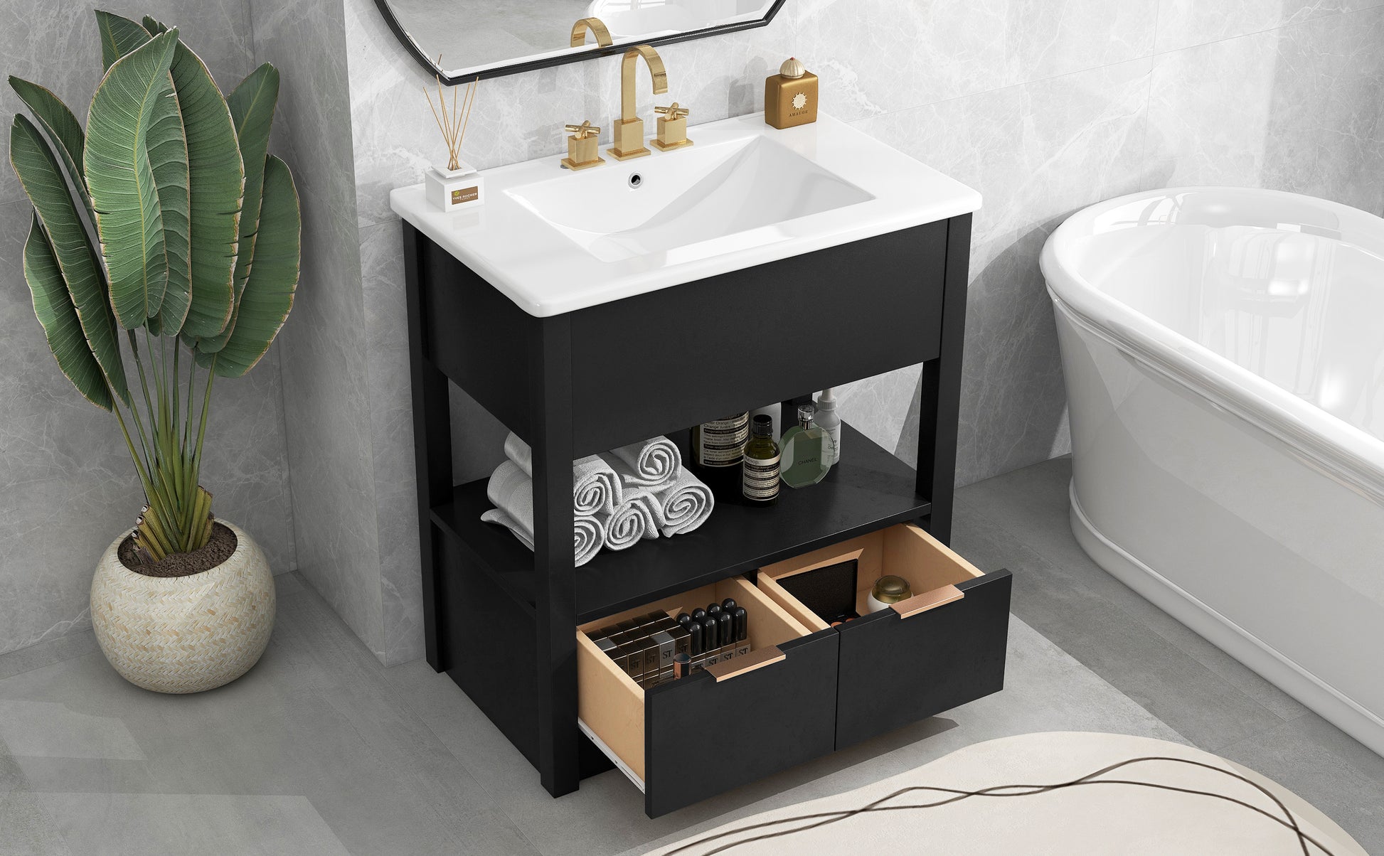30" Bathroom Vanity With Sink Top, Bathroom Cabinet With Open Storage Shelf And Two Drawers, One Package, Black Old Sku:Wf311619Aap Black Solid Wood Mdf