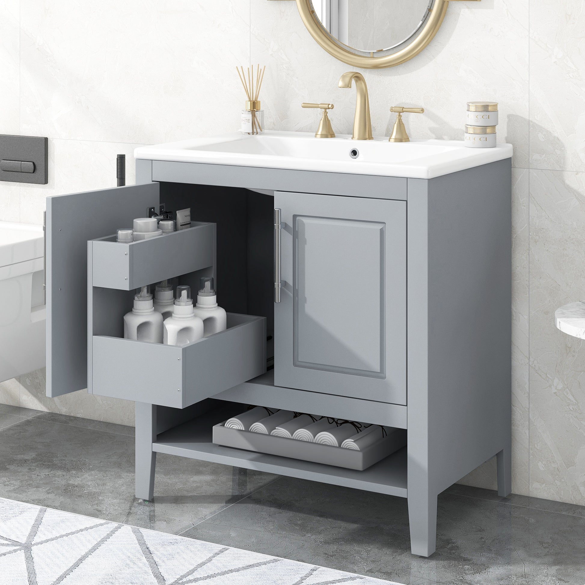 30" Bathroom Vanity With Sink, Multi Functional Bathroom Cabinet With Doors And Drawers, Solid Frame And Mdf Board, Grey Grey Solid Wood Mdf