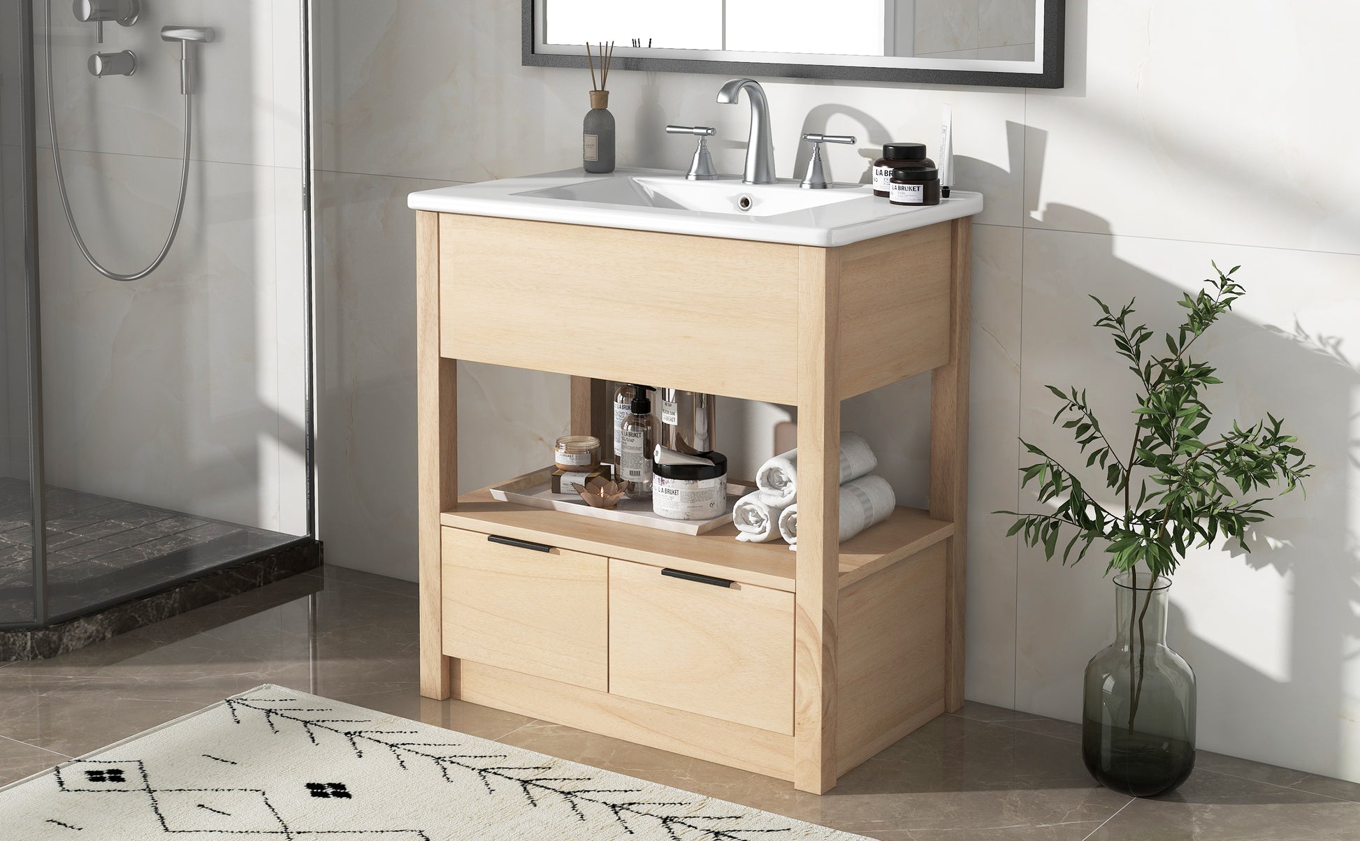 30" Bathroom Vanity With Sink Top, Bathroom Cabinet With Open Storage Shelf And Two Drawers, One Package, Natural Old Sku:Wf311619Aad Natural Solid Wood Mdf