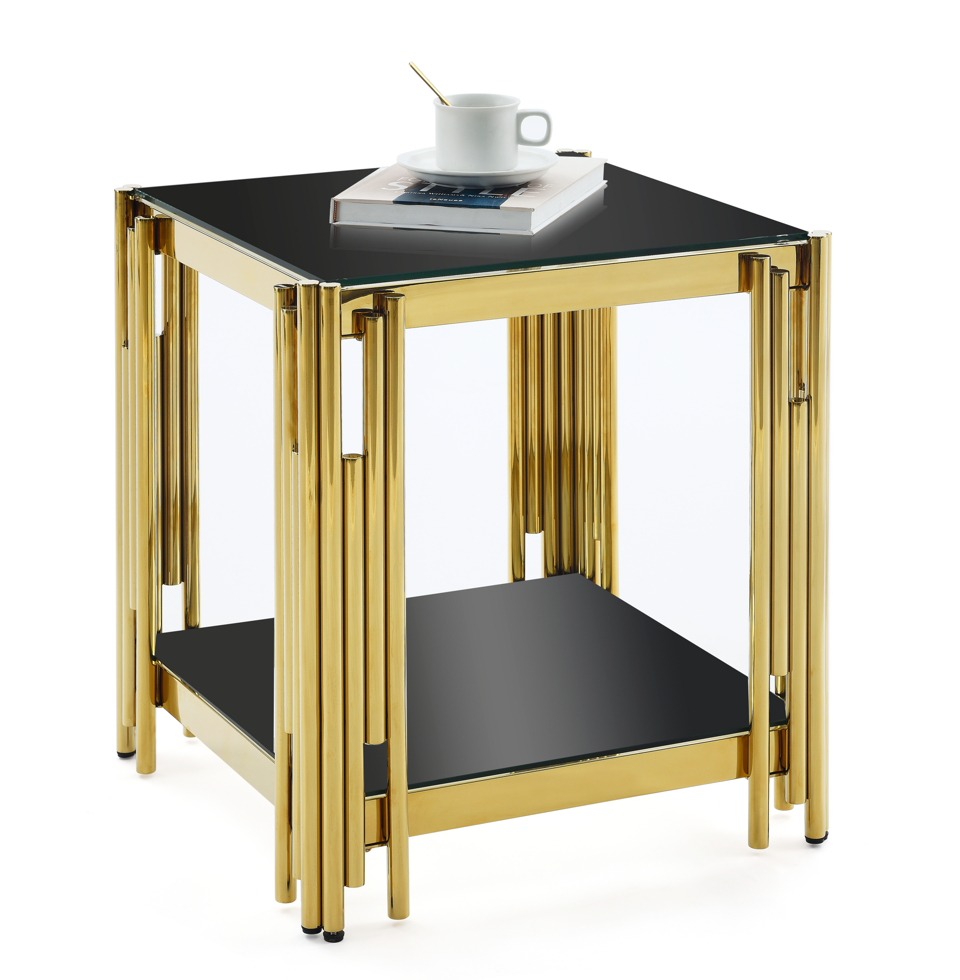 20" Wide Square End Table With Black Glass Top, Golden Stainless Steel Tempered Glass End Table For Living Room&Bed Room Polished Golden Stainless Steel