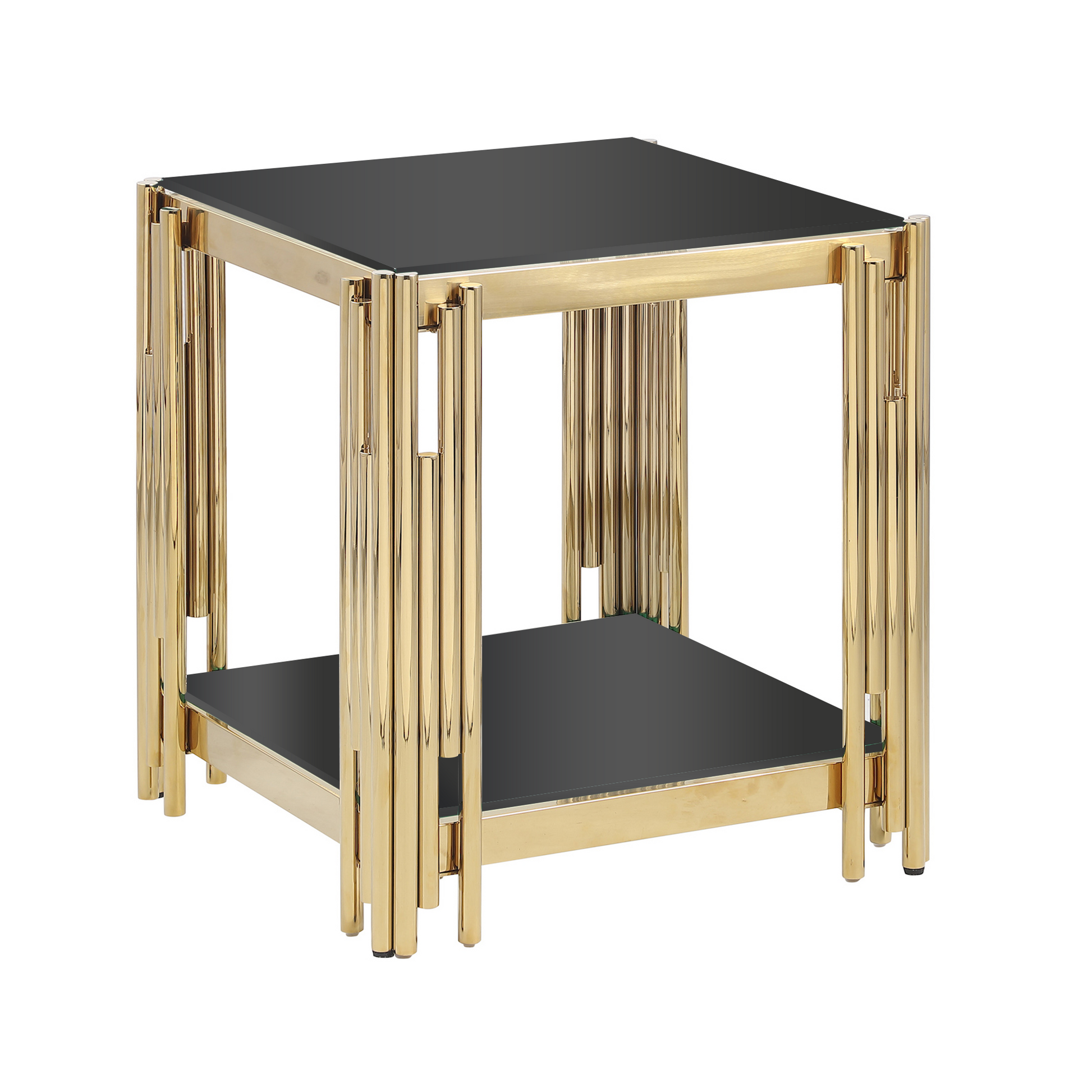 20" Wide Square End Table With Black Glass Top, Golden Stainless Steel Tempered Glass End Table For Living Room&Bed Room Polished Golden Stainless Steel