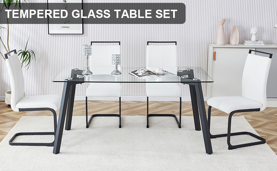 Table And Chair Set, 1 Table And 4 Chairs. Rectangular Glass Dining Table, 0.31 "Tempered Glass Tabletop And Black Coated Metal Legs. Paired With White Pu Black Leg Chairs. 1123 1162 Transparent Glass