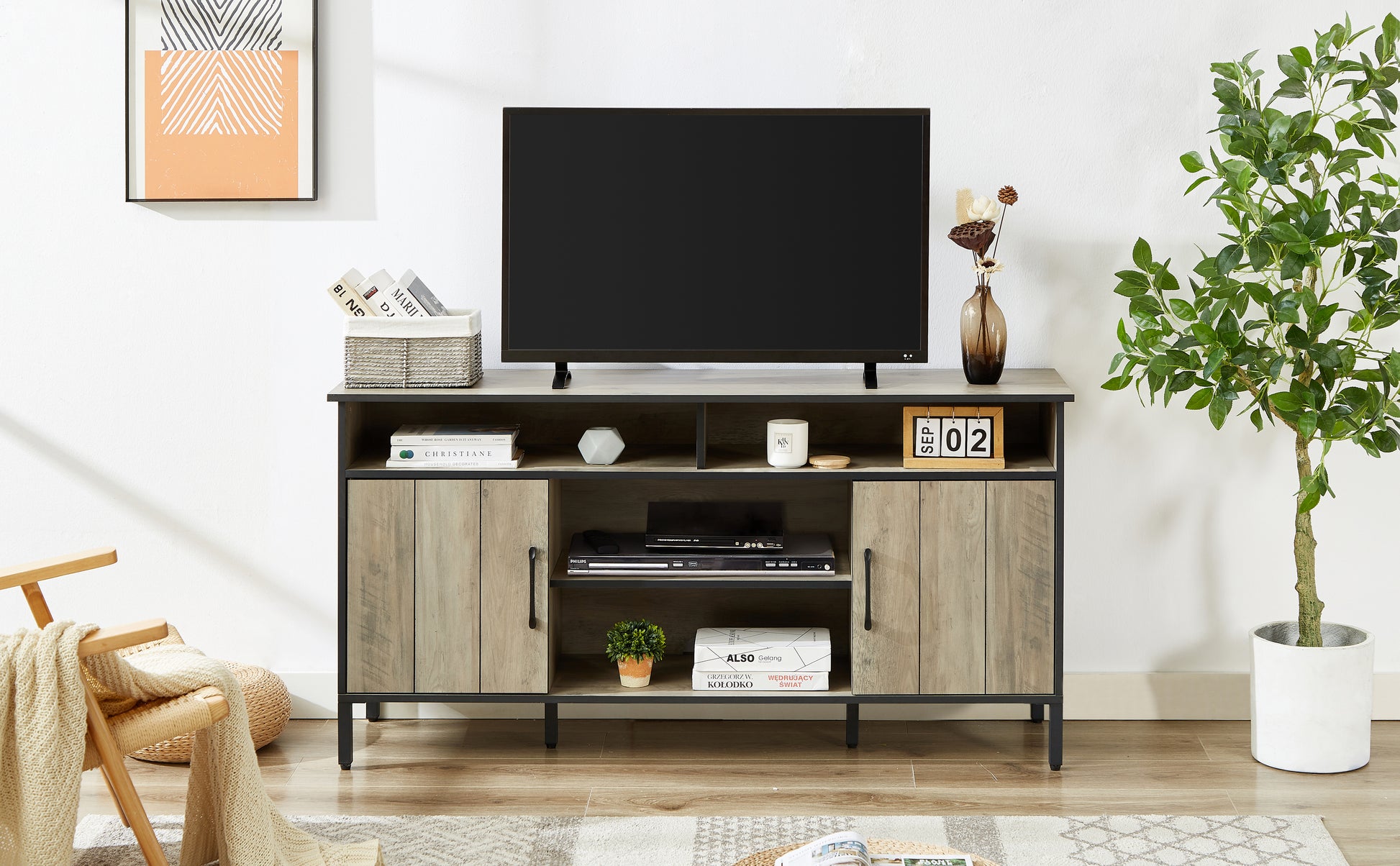 58 Inch Tv Stand And Media Entertainment Center Console With Up To 65 Inch Tv, Open Shelving And Two Storage Cabinets, Six Support Legs With Adjustable Feet,Rustic, Gray,58" X 15.7" X 29.7" Grey Particle Board