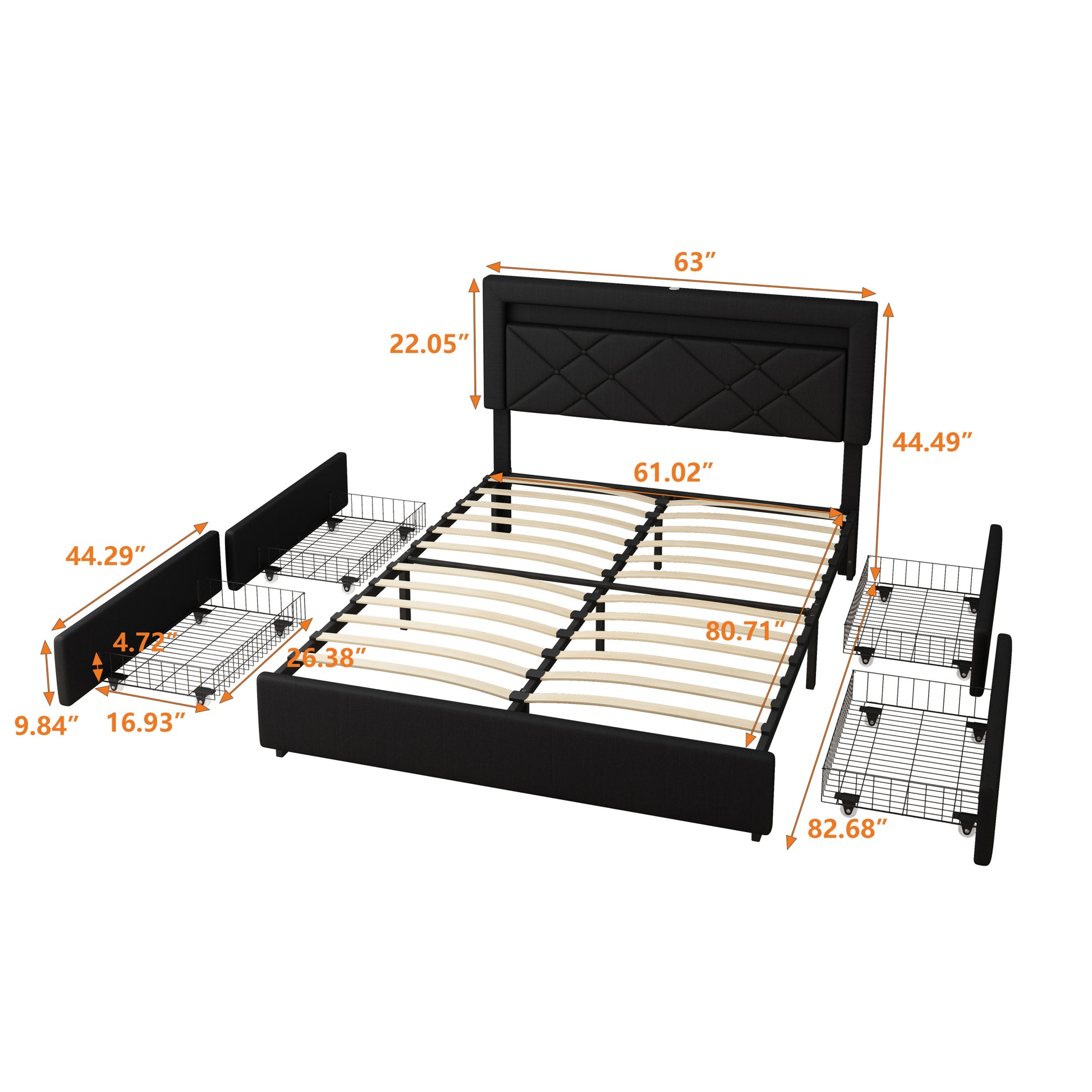 Queen Size Bed Frame With Led Lights, Usb Charging Station, Black Textured Paint Bed Frame, Four Bottom Drawers For Stable Storage And Assembly, Black Queen Black Iron Iron